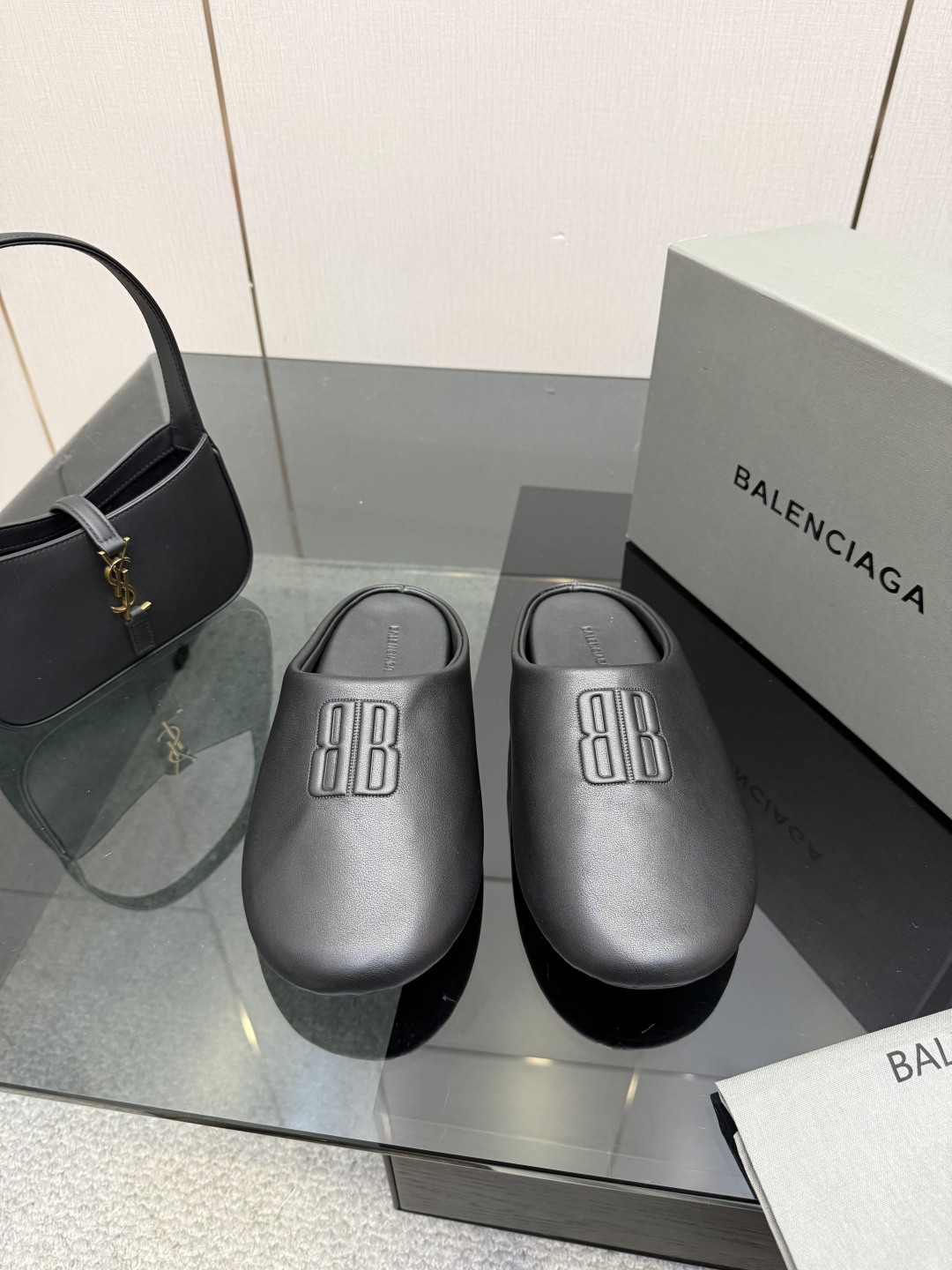 Balenciaga Cosy Embossed BB Logo Leather Round Toe Flat Mules Slippers - KAIROO