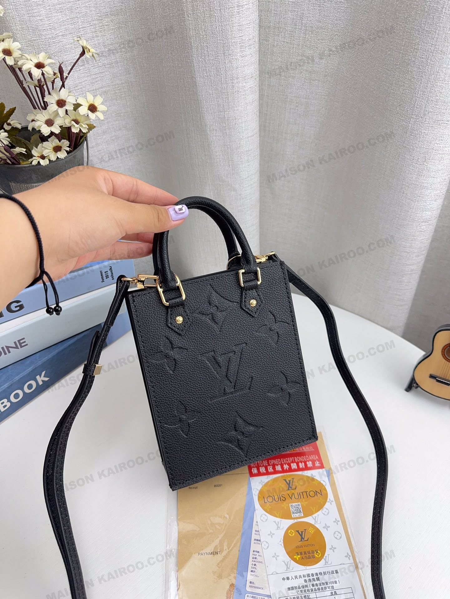 Louis Vuitton LV Petit Sac Plat Mini All Black Giant Monogram Embossed Leather Vertical Crossbody Tote Bag - KAIROO