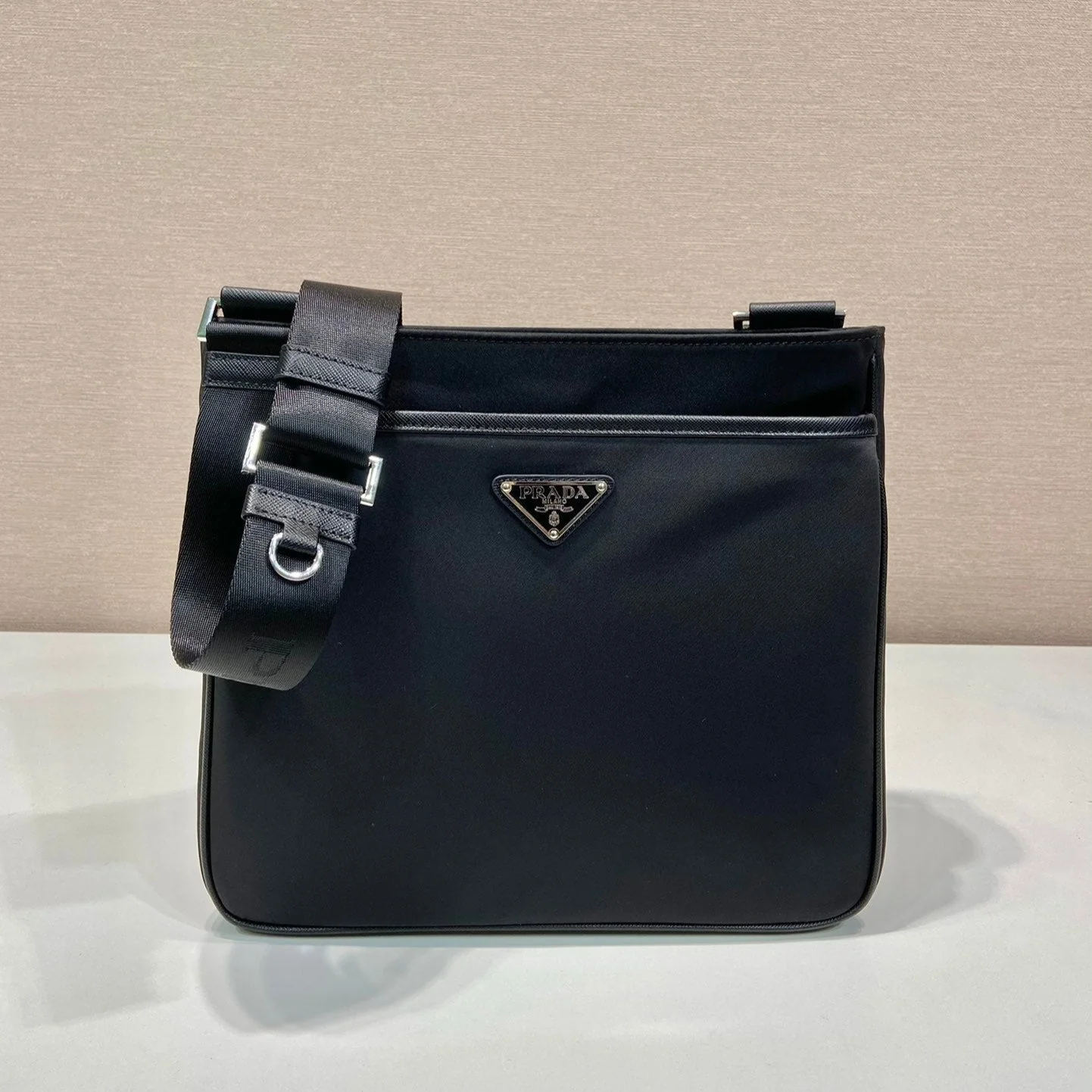 Prada SQUARE BAG 28 IN BLACK RE-NYLON AND SAFFIANO LEATHER TRIM