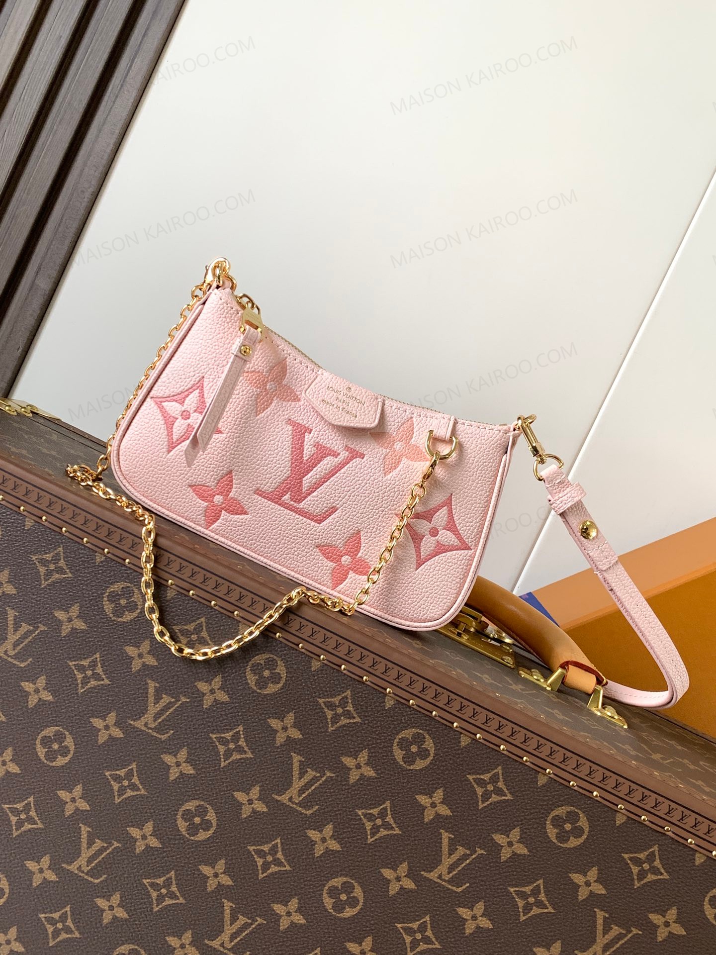 Louis Vuitton LV Pochette Easy Pouch On Strap Pastel Pink Monogram Empreinte Leather Hobo Shoulder Bag - KAIROO
