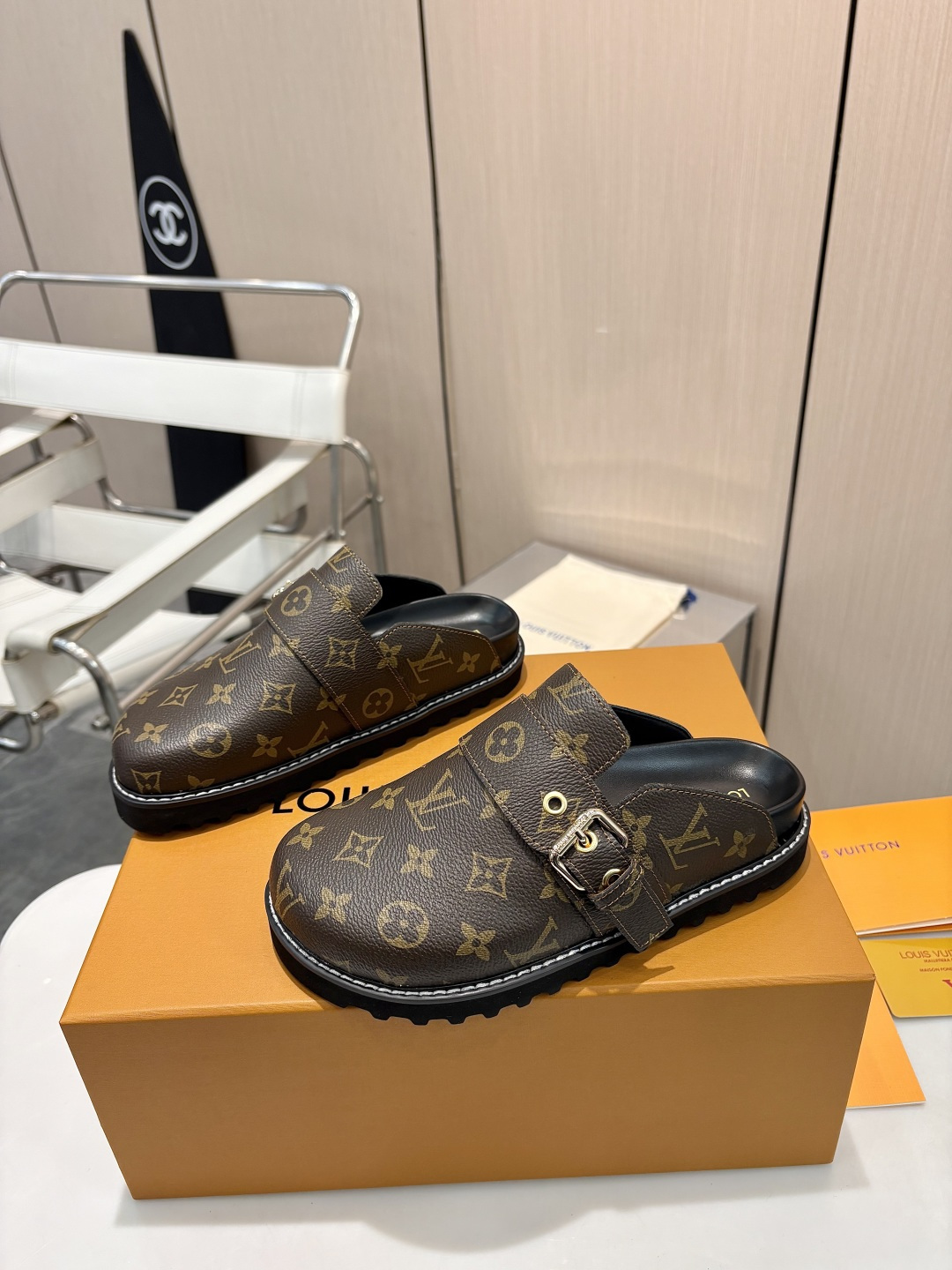 Louis Vuitton Cosy Monogram Brown Canvas Gold Buckle Flat Birkenstock Sandals Clog Mules - KAIROO