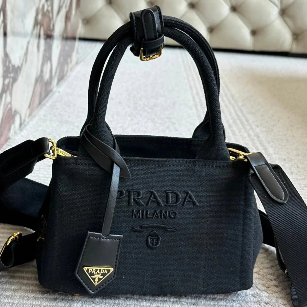 Prada EMBROIDED LOGO LARGE HANDBAG 30 IN BLACK LINEN BLEND