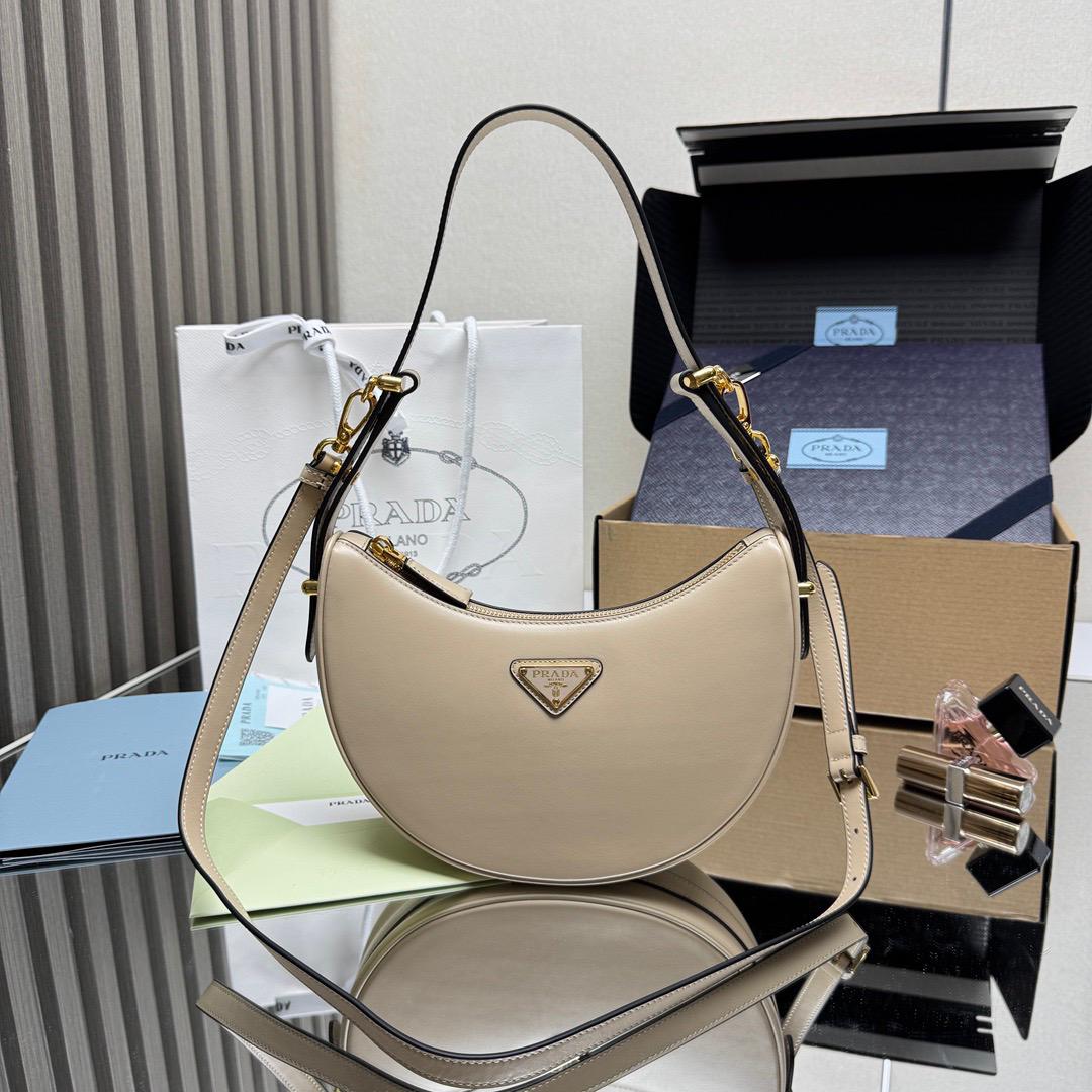 Prada Arqué Small Leather Shoulder Moon Bag Ivory Cream