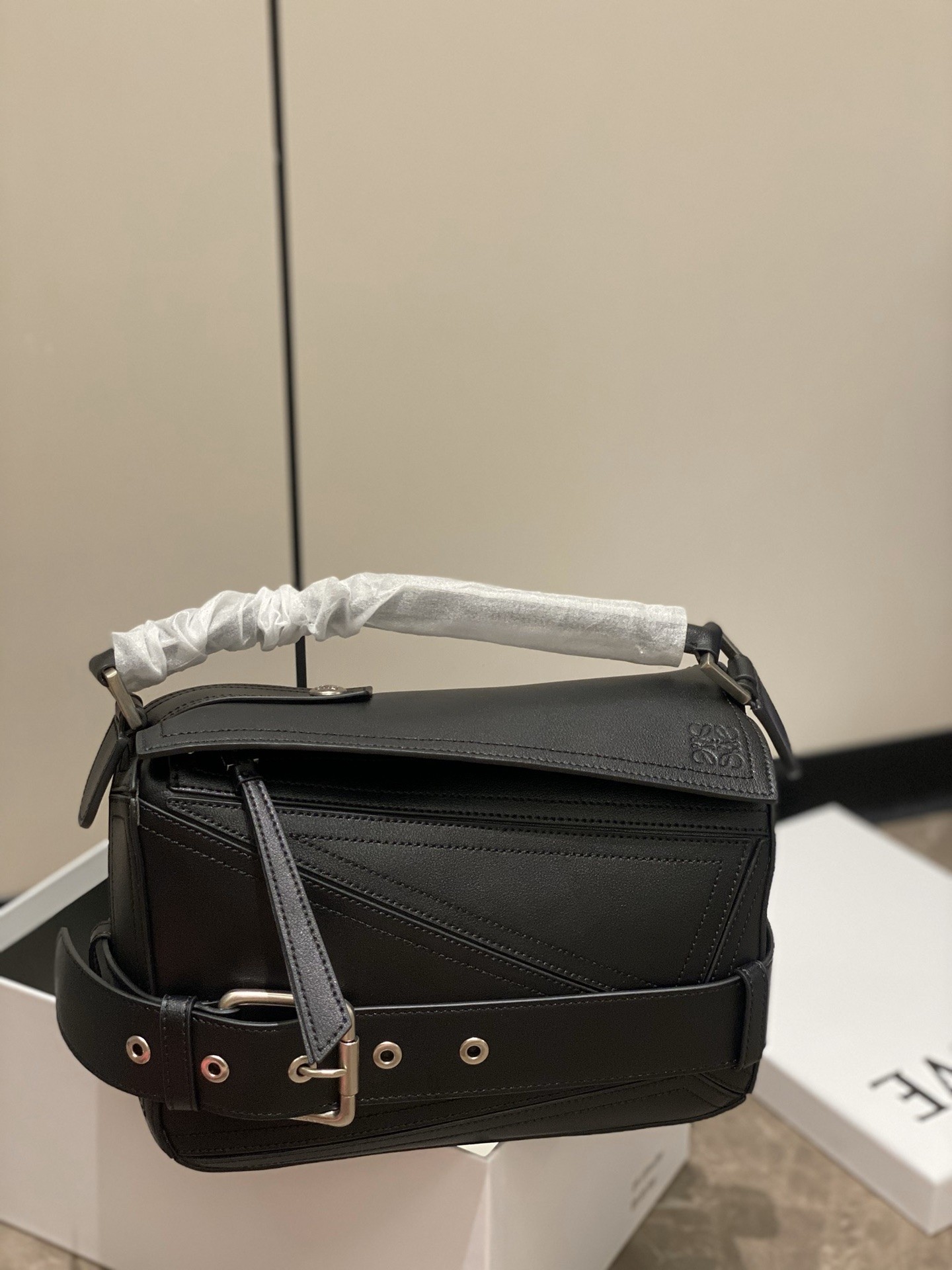 Loewe Puzzle Black Geometric Biker Jacket Buckle Belt Handle Shoulder Bag - KAIROO