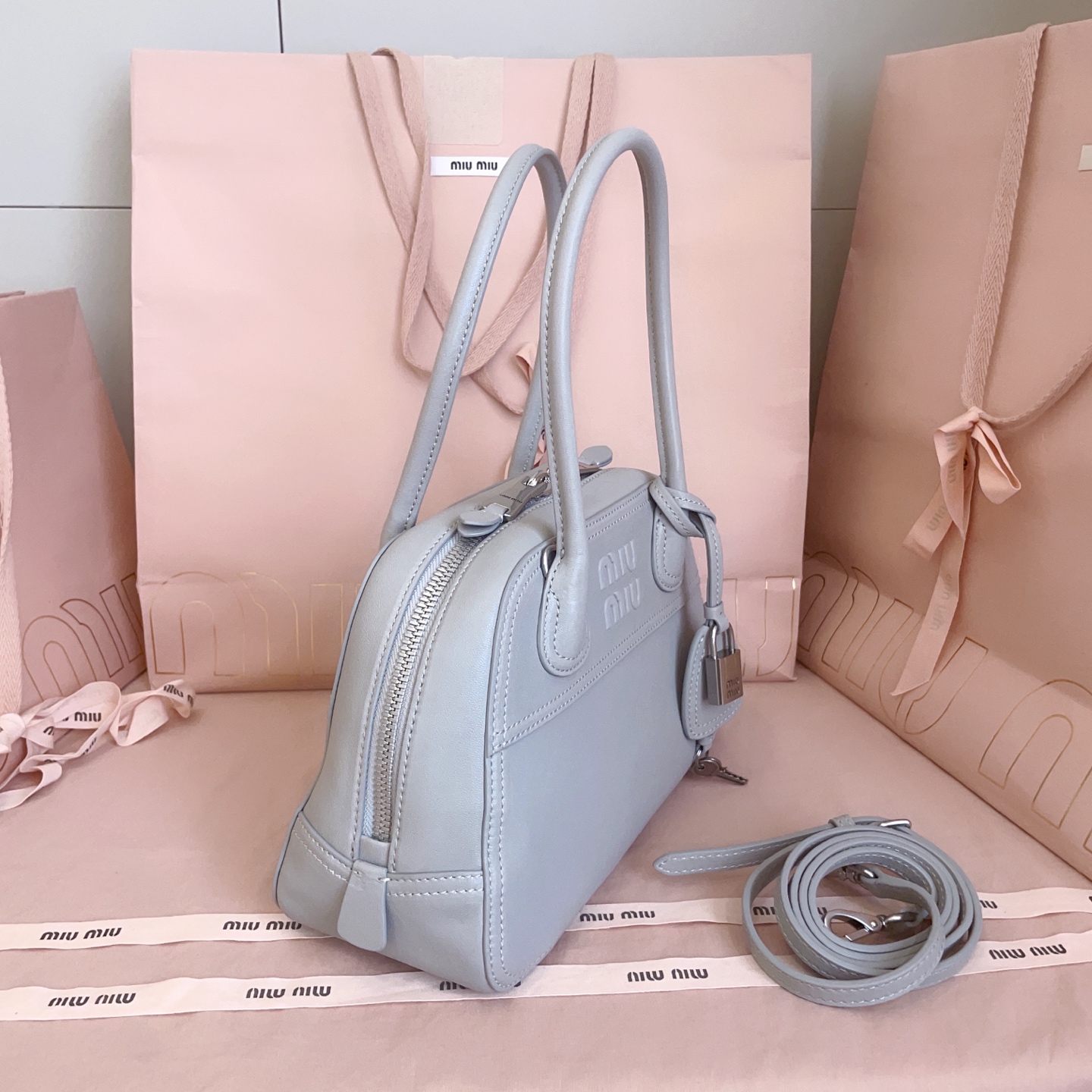 Miu Miu Small  granite gray Vivant Leather bag 5BB200