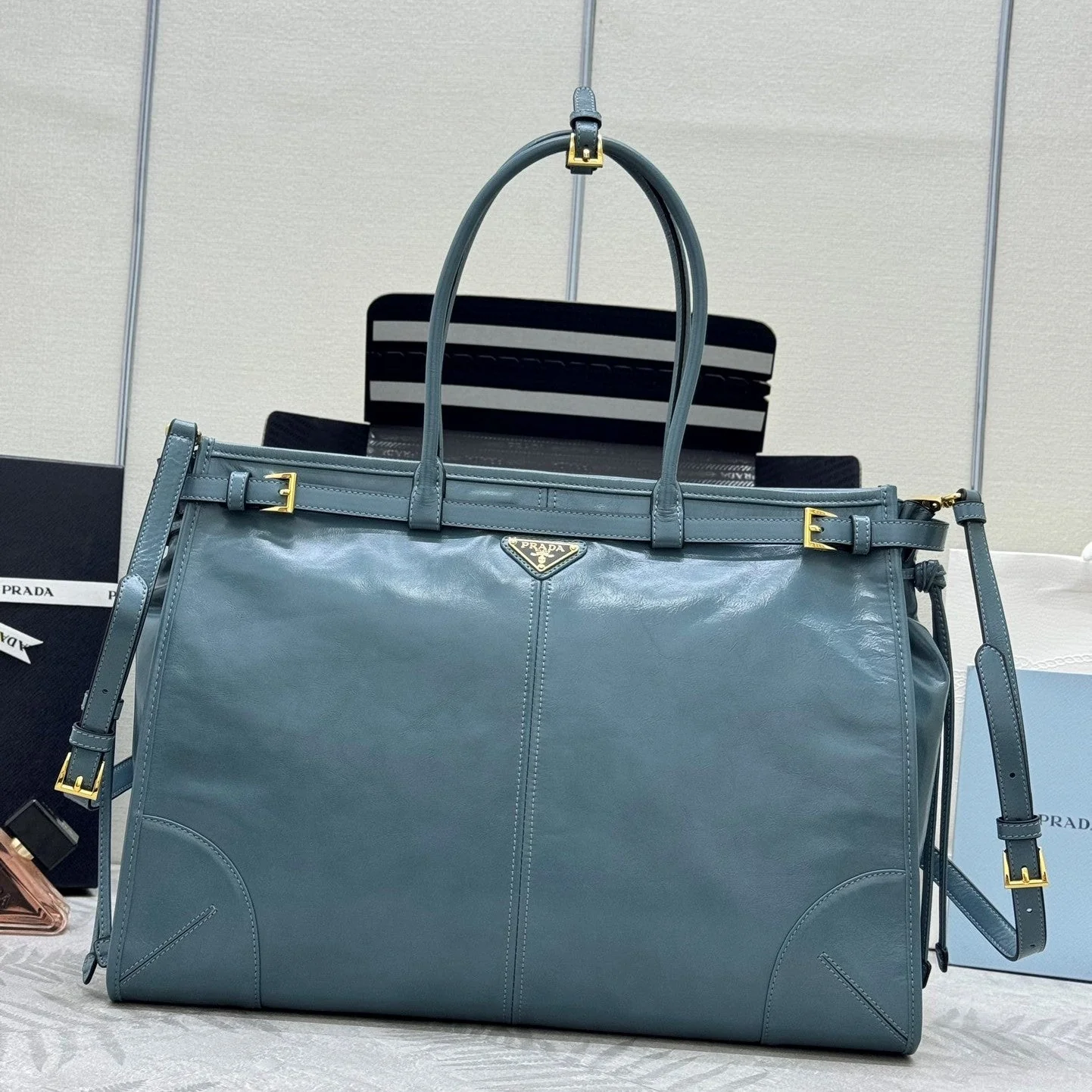 Prada Bonnie Extra-Large 42cm Blue Gray Calfskin