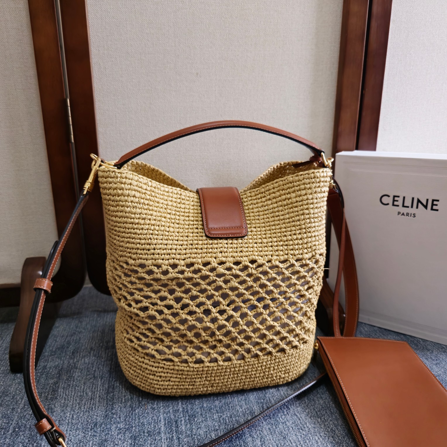 Celine Louise Medium Bucket Bag in Natural Raffia