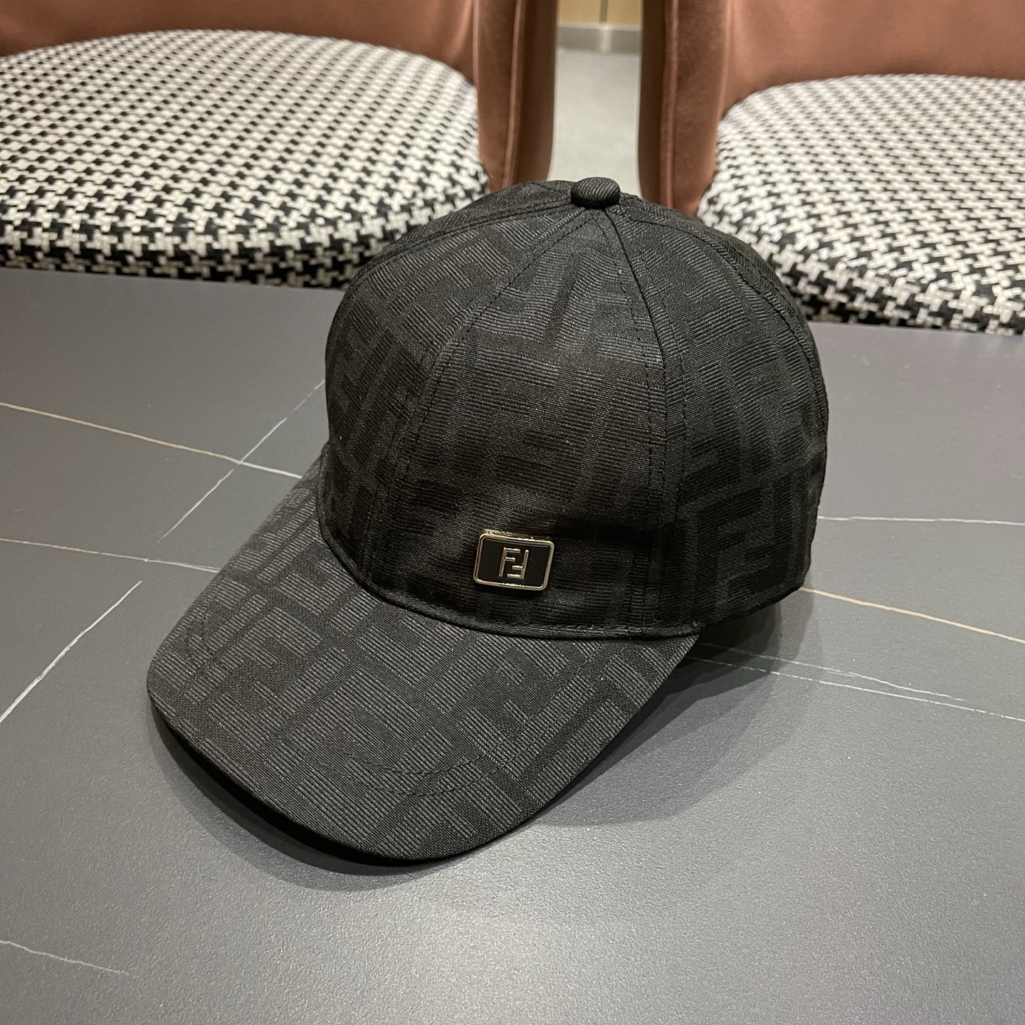 Fendi FF Monogram Canvas Baseball Cap Hat With Gold Tone FF Square Logo - KAIROO
