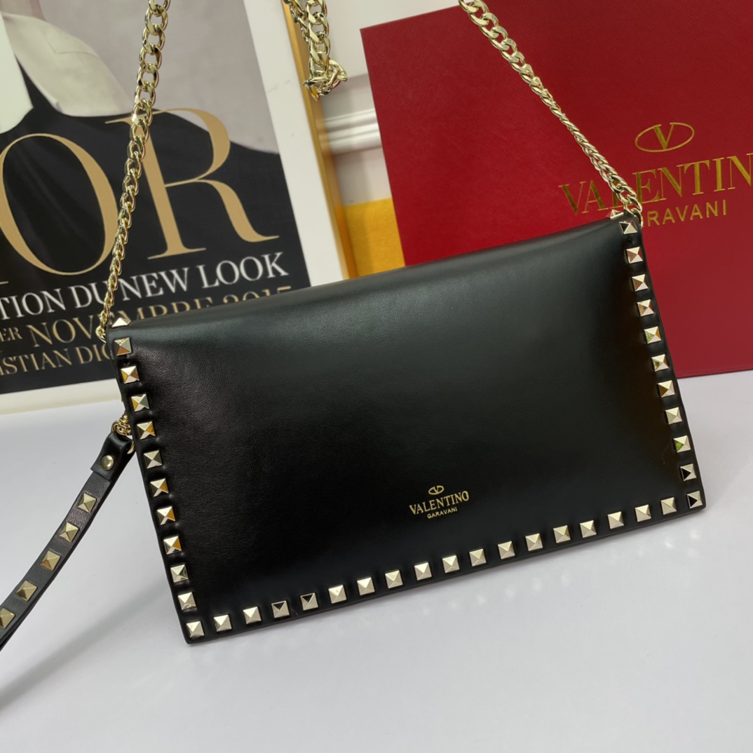 Valentino Rockstud Black Leather Studs Flap Wristlet Strap Clutch Chain Envelope Crossbody Bag - KAIROO