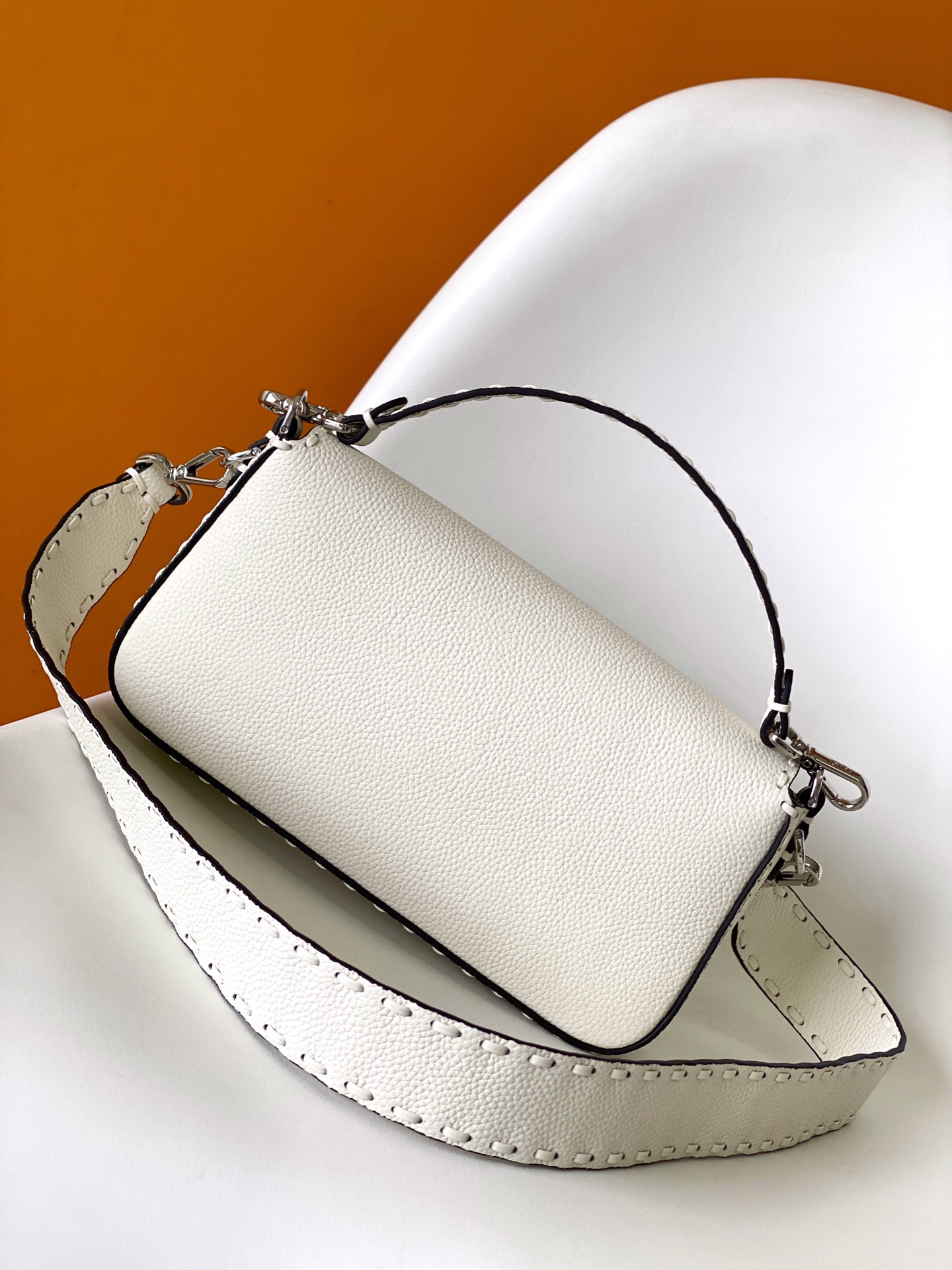 Fendi Medium Selleria Baguette Leather Bag-White