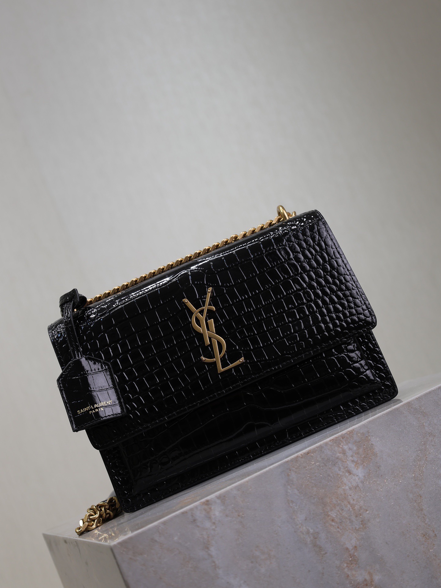 Saint Laurent YSL Black Crocodile Pattern Chain Shoulder Bag