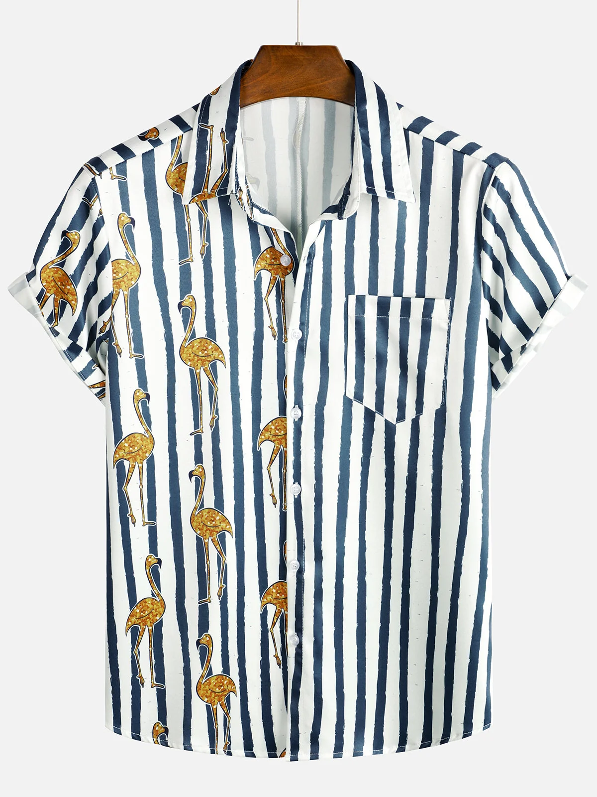 Men's Navy Tropical Flamingo Stripe Pocket Hawaiian Short Sleeve Shirt