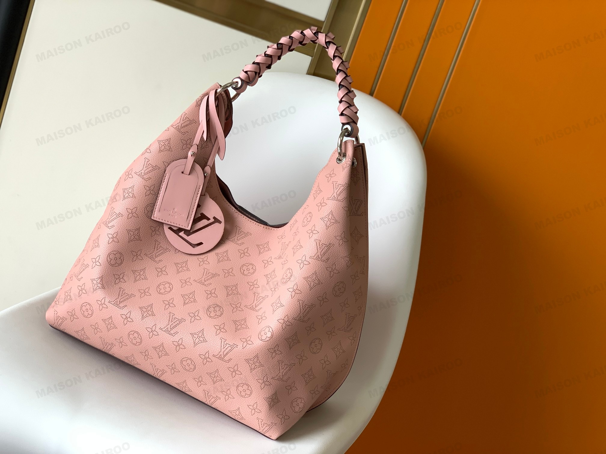 Louis Vuitton LV Mahina Hobo Moon Goddess Pink Dense Monogram Leather Braided Handle Shoulder Tote Bag - KAIROO