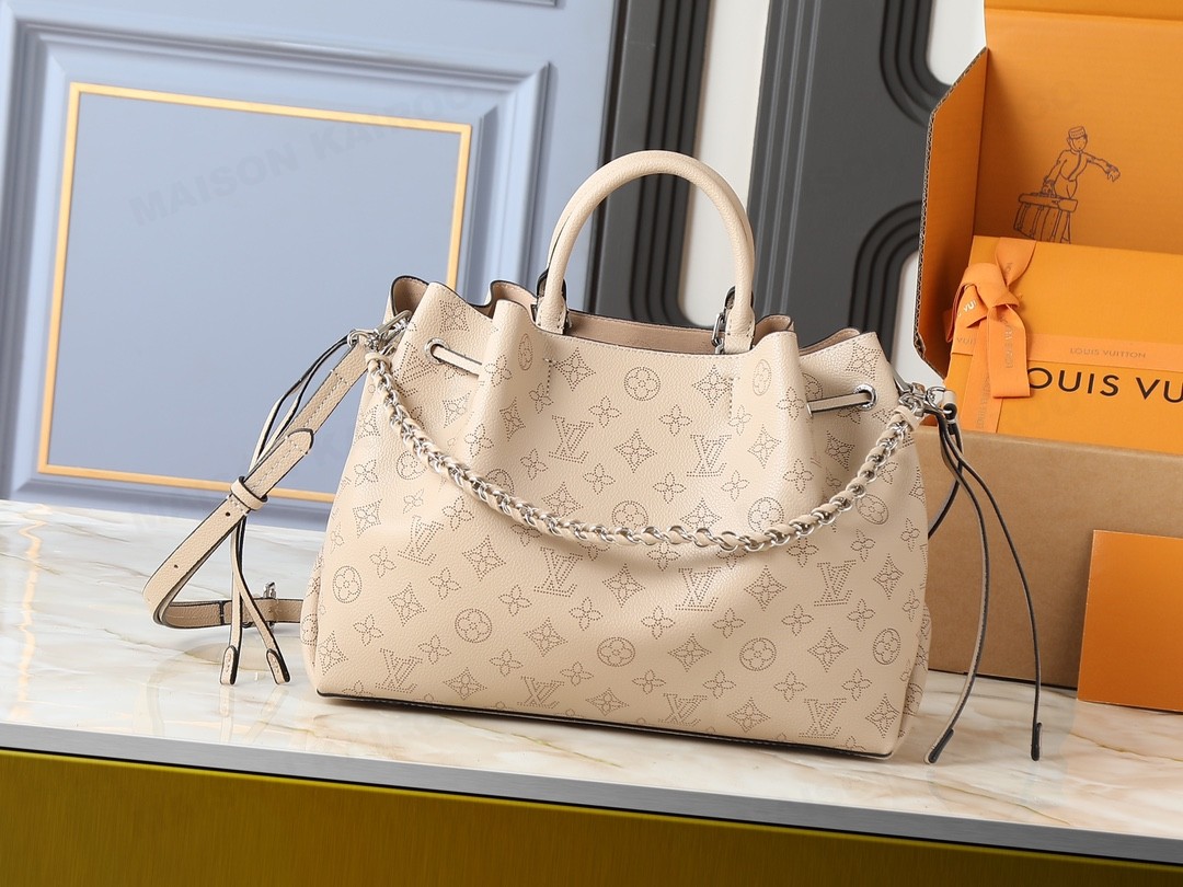 Louis Vuitton LV Mahina Bella Tote Beige Perforated Monogram Leather Drawstring Bucket Top Handle Bag - KAIROO