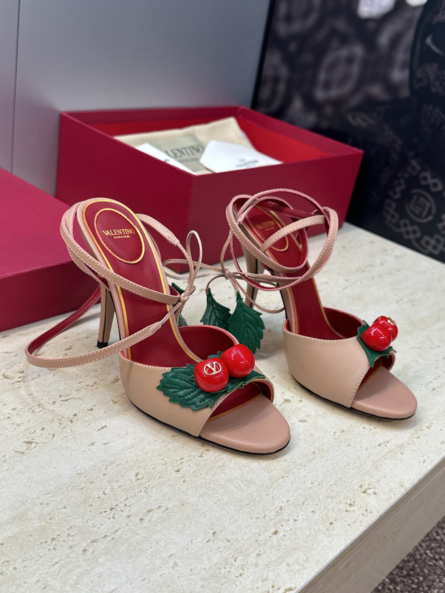 Valentino Garavani Nude 3D Cherry Leather Leaf Charm Metallic Leather Stiletto Toe Heel Sandals - KAIROO