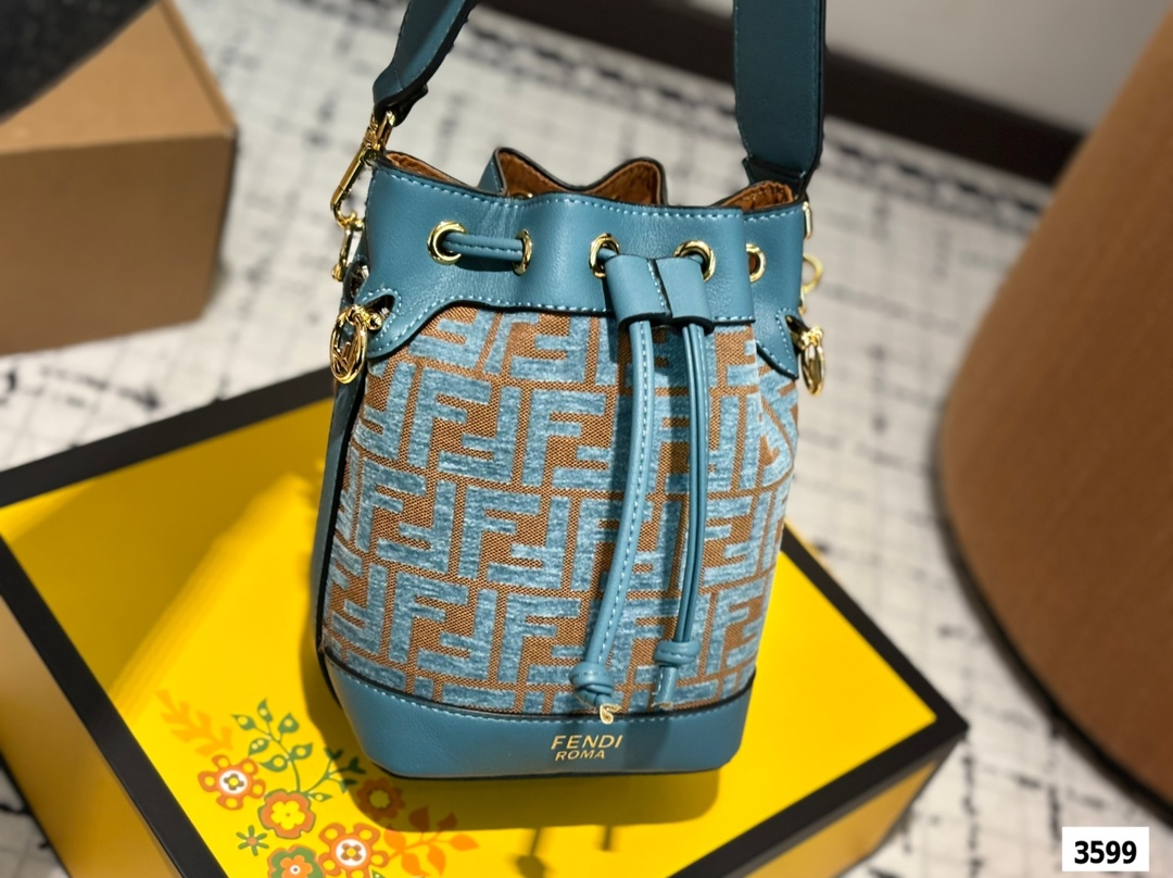 Fendi FF Mon Tresor Mini Multicolor Jacquard Monogram Canvas Leather Trim Drawstring Bucket Shoulder Bags - KAIROO