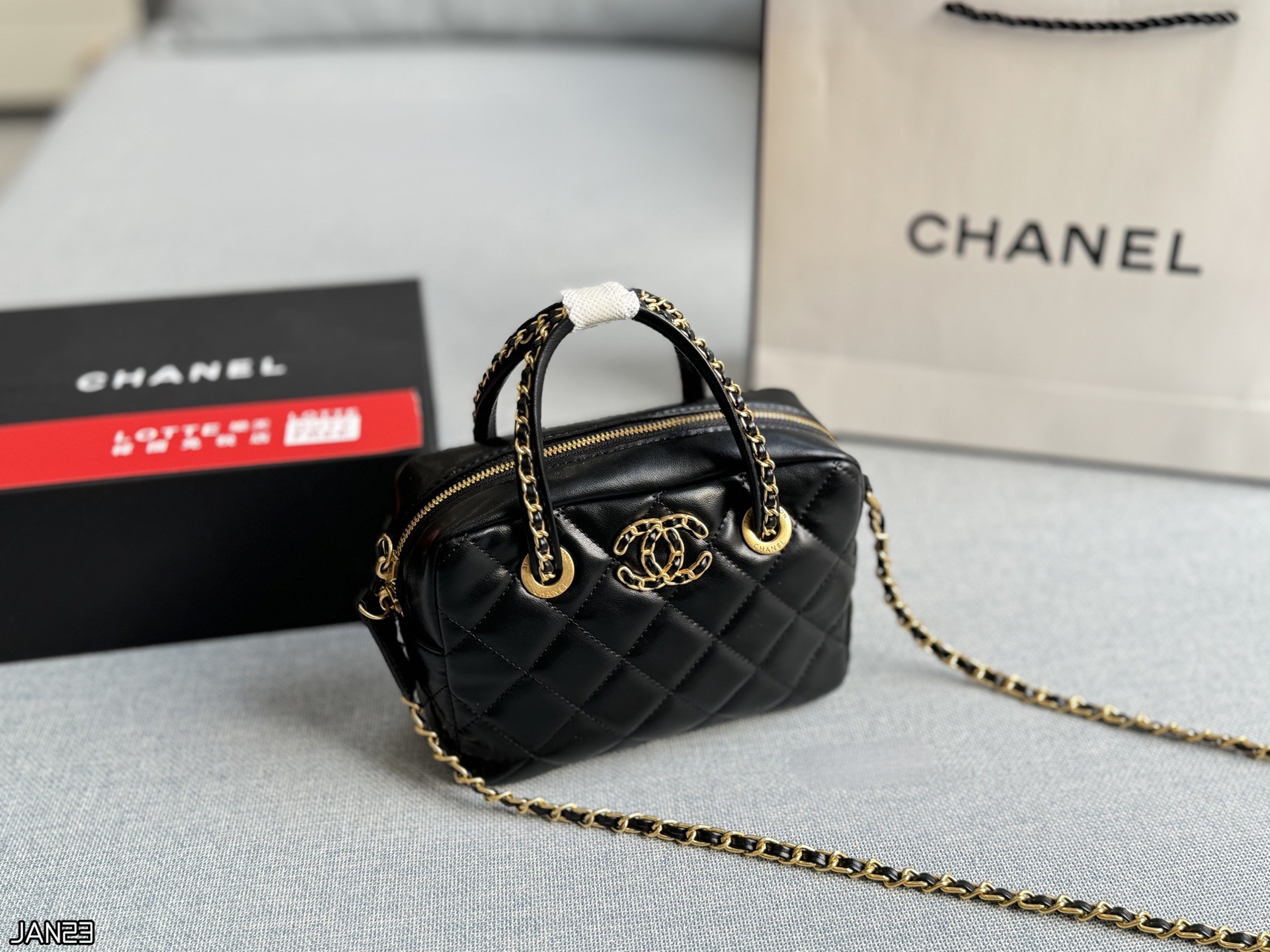 Chanel 25C Mini Quilted Leather Chain-Interwoven Logo Handle Dome Bowling Vanity Shoulder Bag - KAIROO