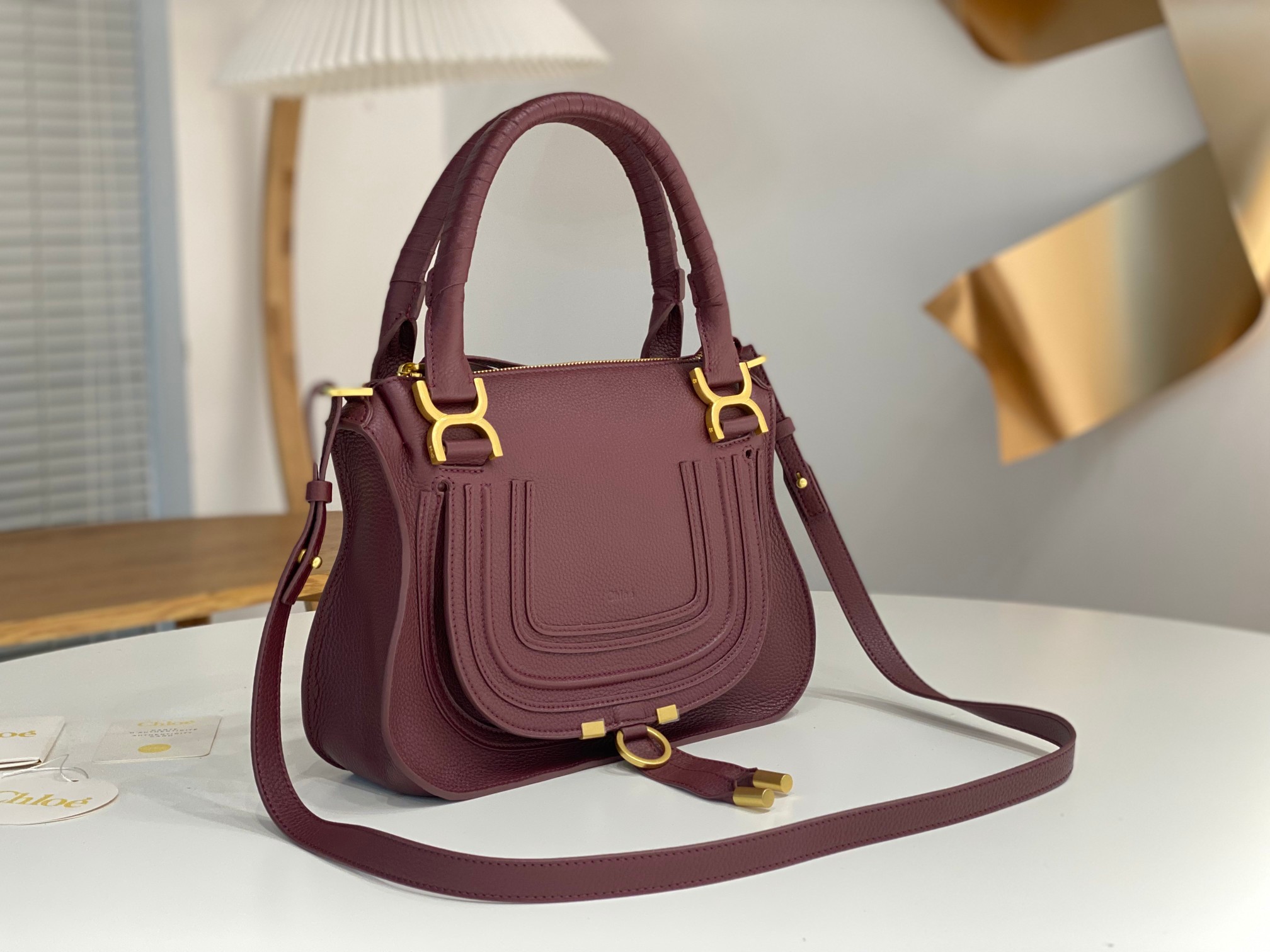 Chloe Small Marcie Bag in Grained Leather-Burgundy