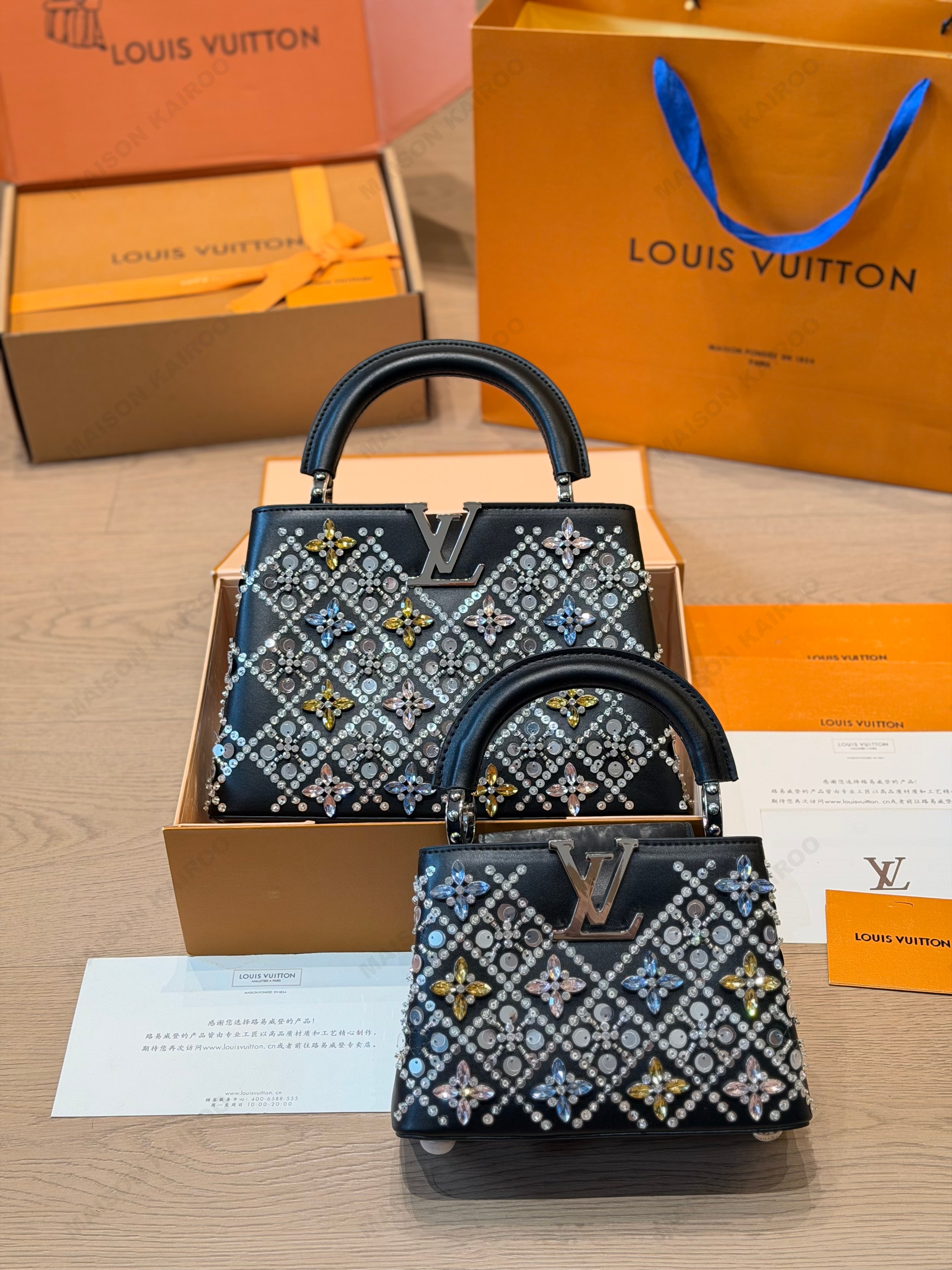 Louis Vuitton LV Capucines BB/Mini Black Multicolor Crystal Diamond Embellished Leather Top Handle Bag - KAIROO