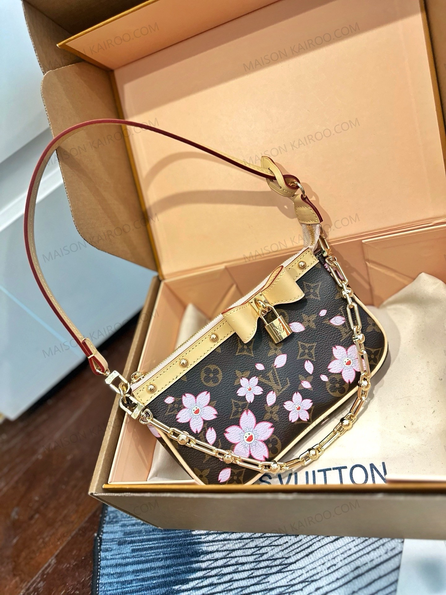 Louis Vuitton LV x TM Pochette Mini Cherry Blossom Monogram Leather Bow Hobo Shoulder Bag - KAIROO