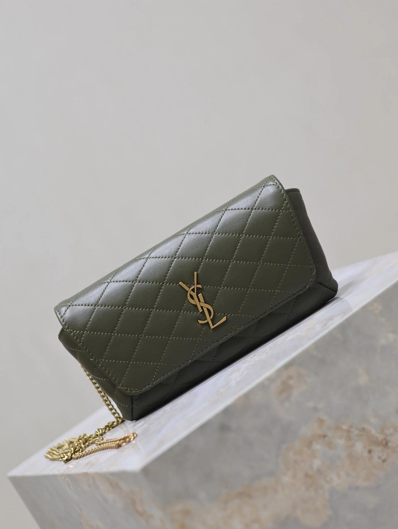 Saint Laurent YSL Gaby Phone Bag 19cm Olive Green Quilted Leather