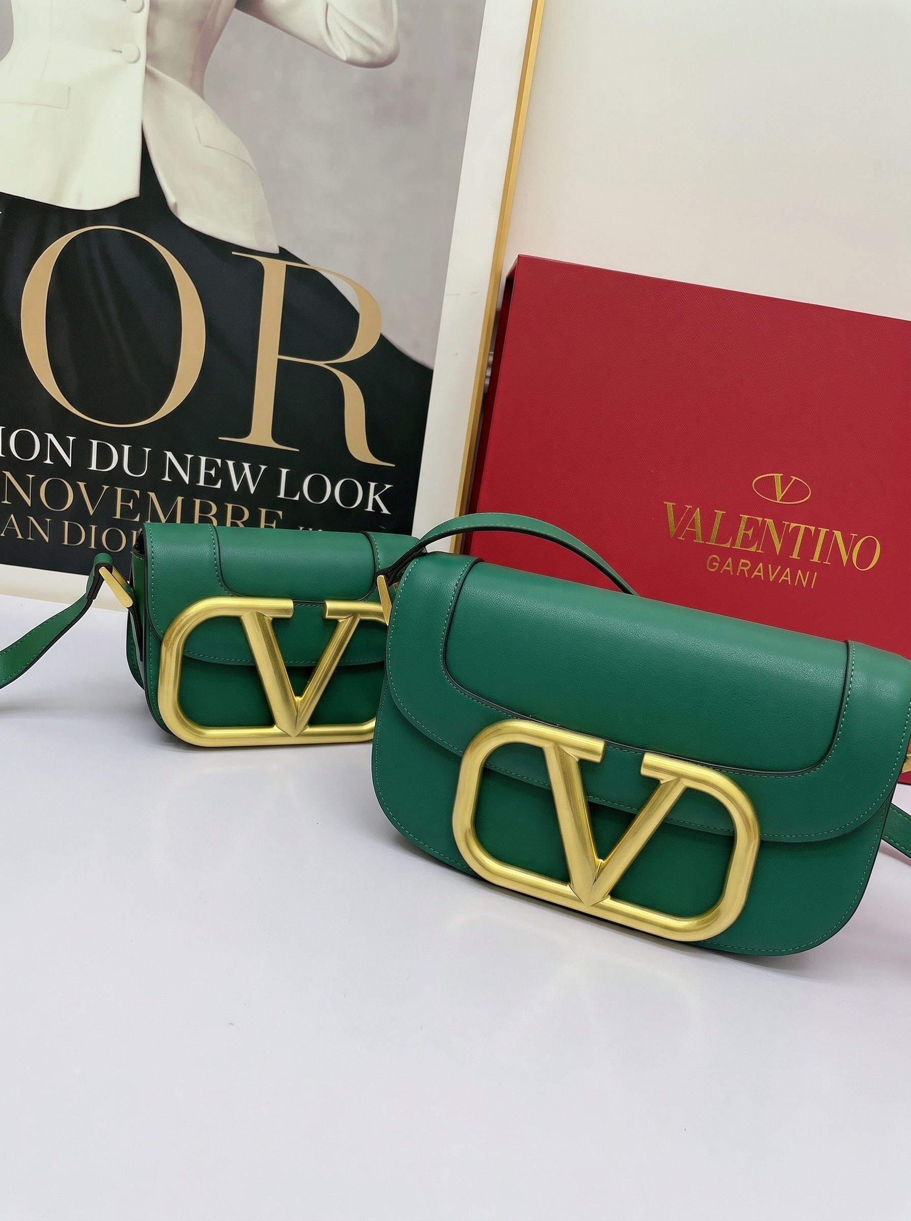 Valentino Mini& Small Oversized VLogo Signature Green Leather Maxi Gold Hardware Flap Shoulder Bag - KAIROO