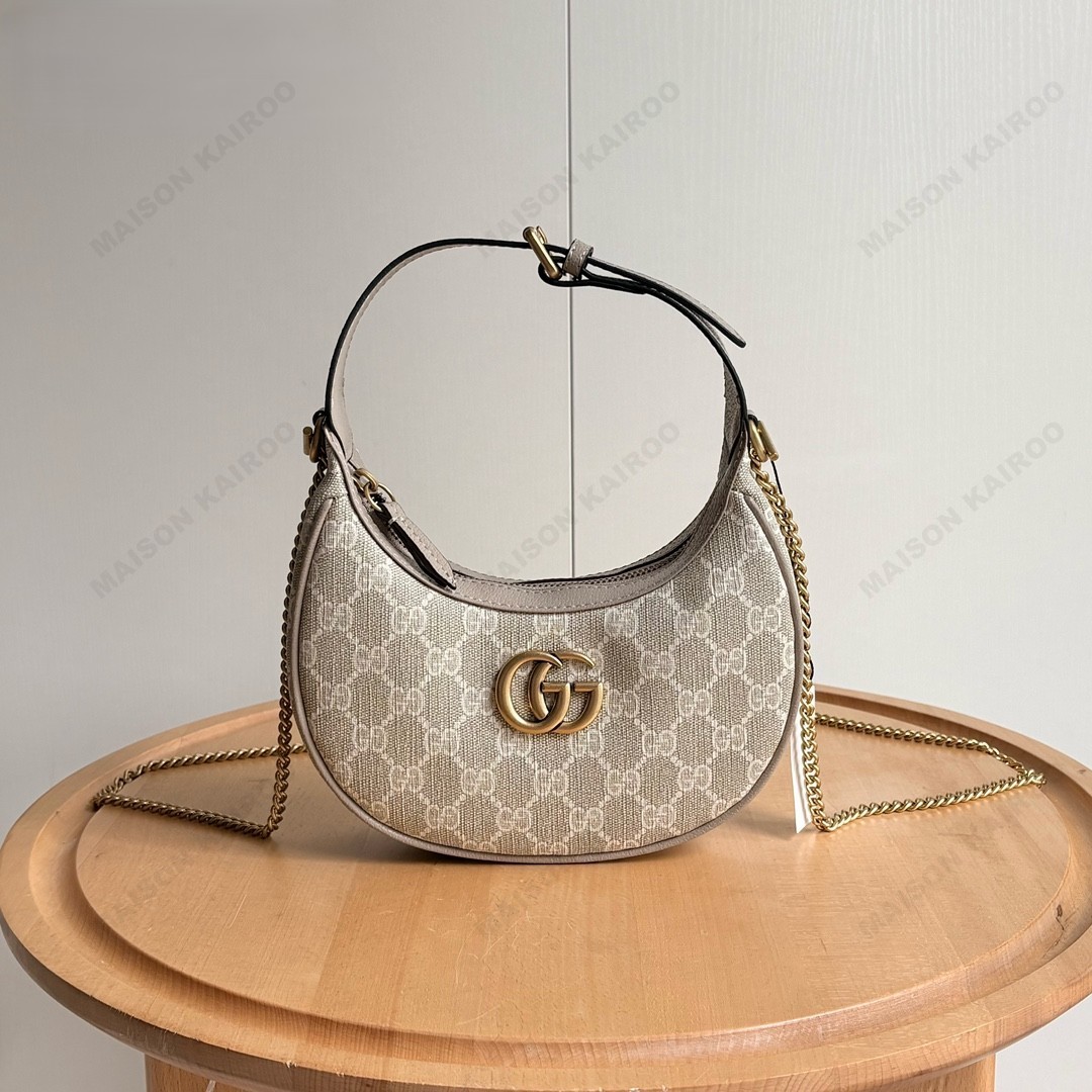 Gucci Ophidia GG Supreme Canvas Gold Logo Crescent Moon Hobo Underarm Shoulder Bag - KAIROO