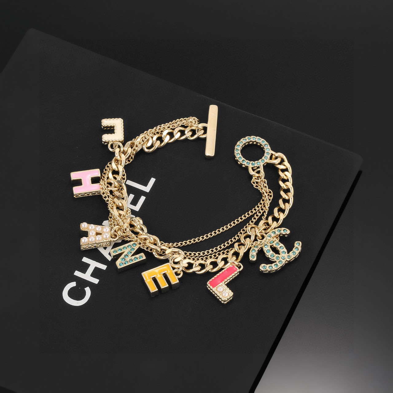 Chanel Multi-Chain CHANEL Letter Crystal/Pearl Colorful Charm Toggle Bracelet - KAIROO