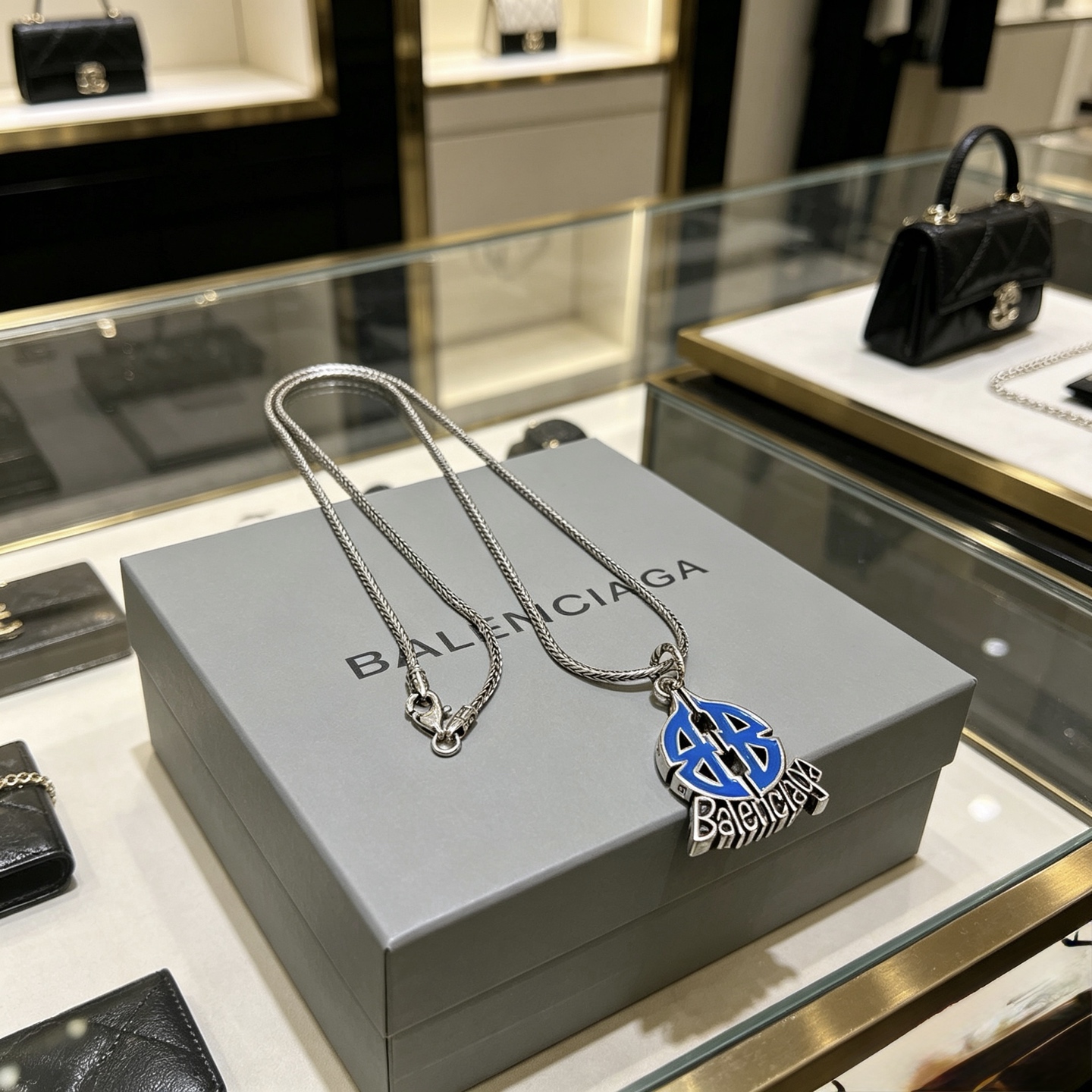 Balenciaga BB Icon Blue Enamel Logo Plaque Pendant Silver Tone Necklace - KAIROO