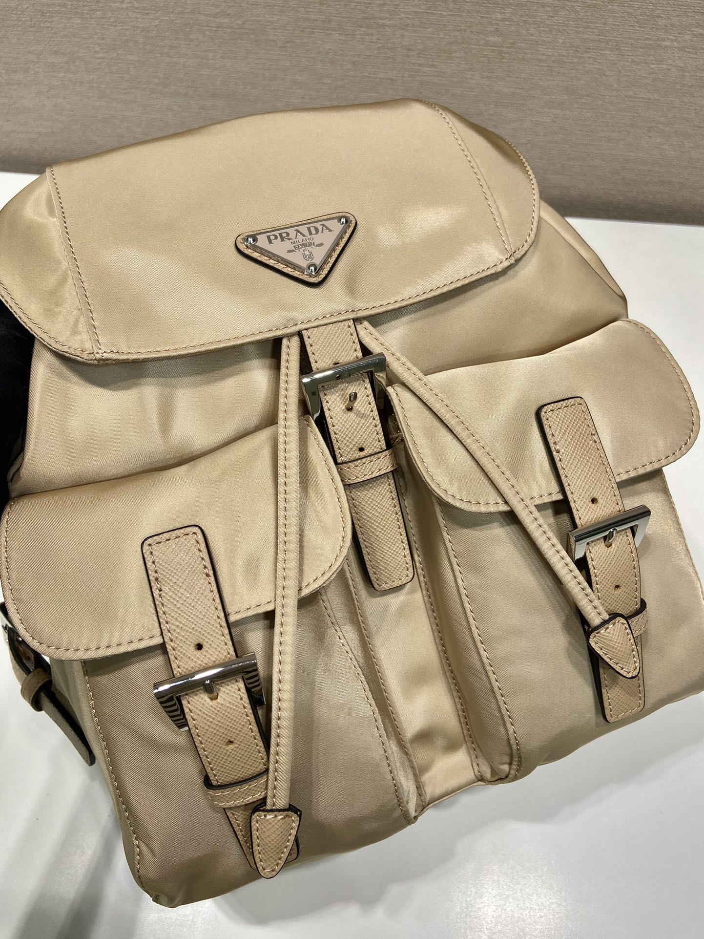 Prada  SMALL BACKPACK 28 IN SHOELACE BEIGE PARACHUTE FABRIC