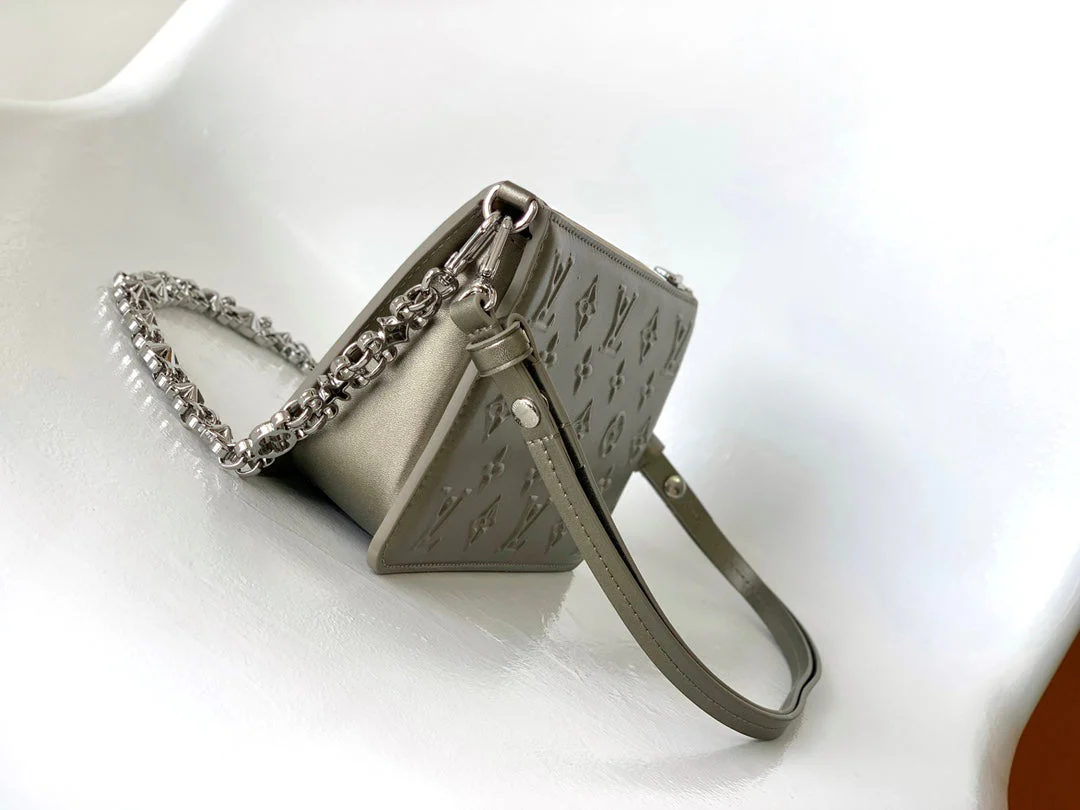 Louis Vuitton LV Lexington Pochette Shoulder Bag 21.5 Metallic Sliver Monogram Embossed Cafskin