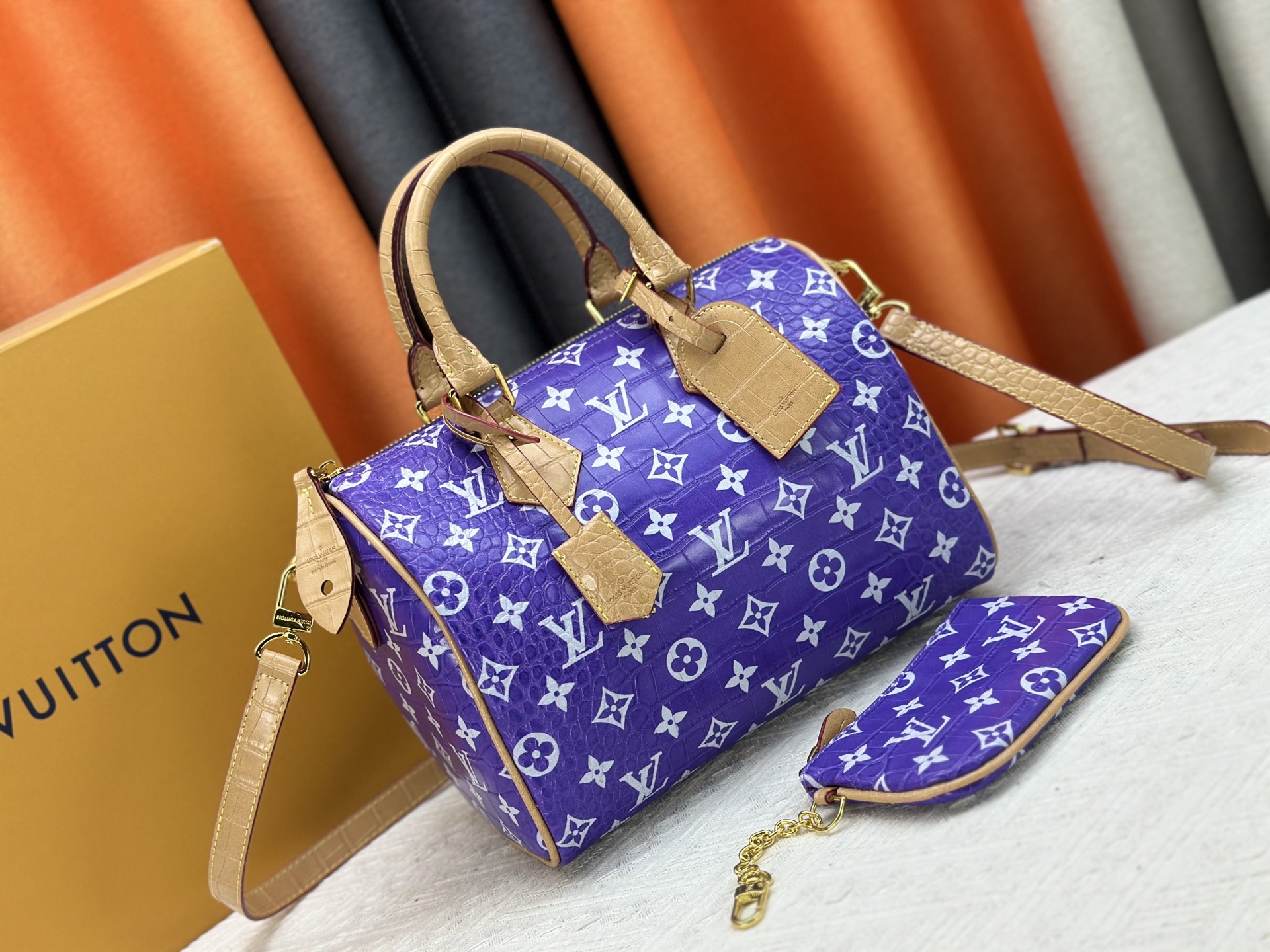 Louis Vuitton LV Speedy 25/30 Monogram Purple Crocodile Embossed Leather Boston Top Handle Bag - KAIROO
