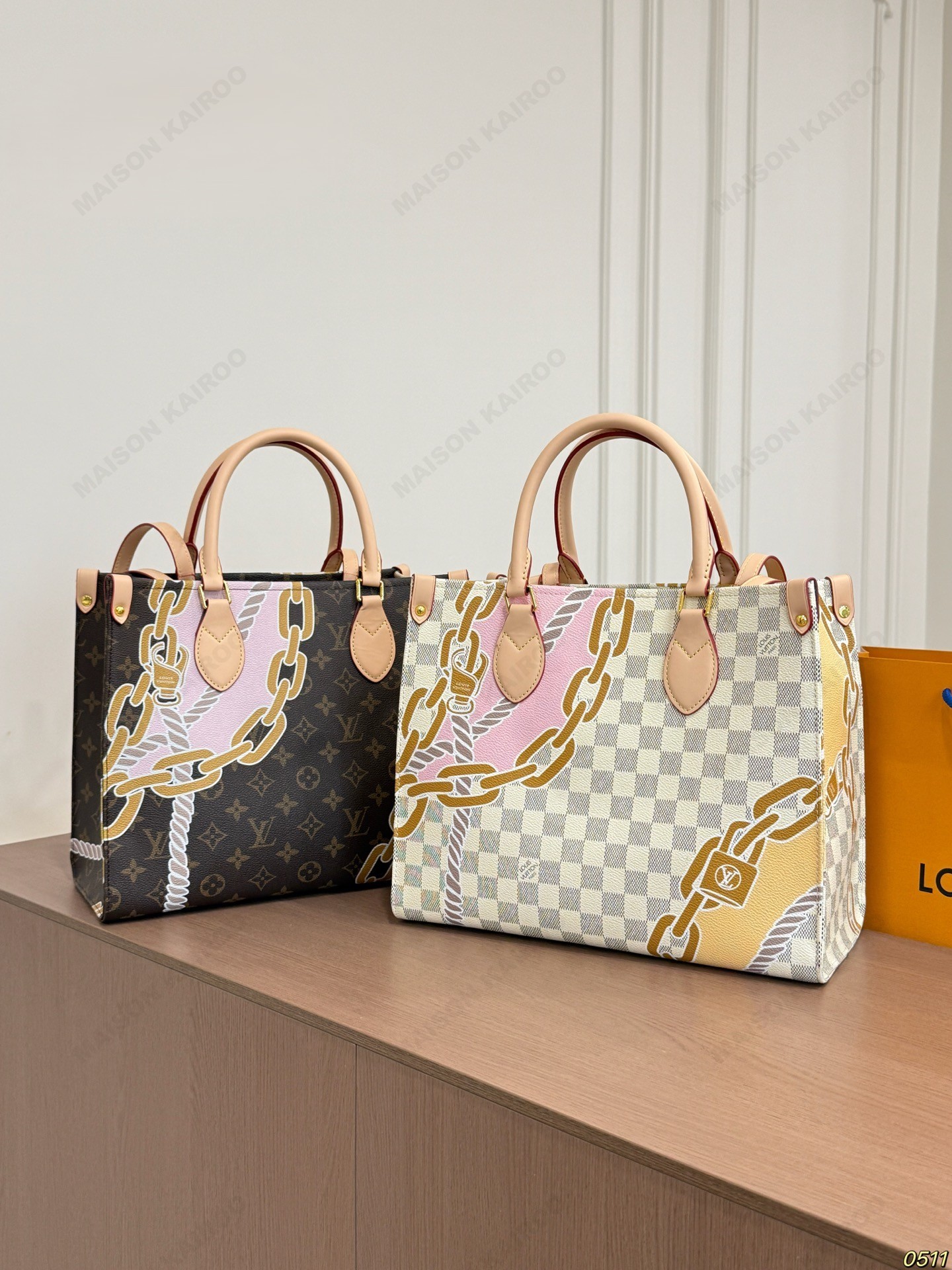Louis Vuitton LV OnTheGo MM Damier Azur& Brown Monogram Canvas Leather Chain Rope Print Top Handle Tote Bag - KAIROO
