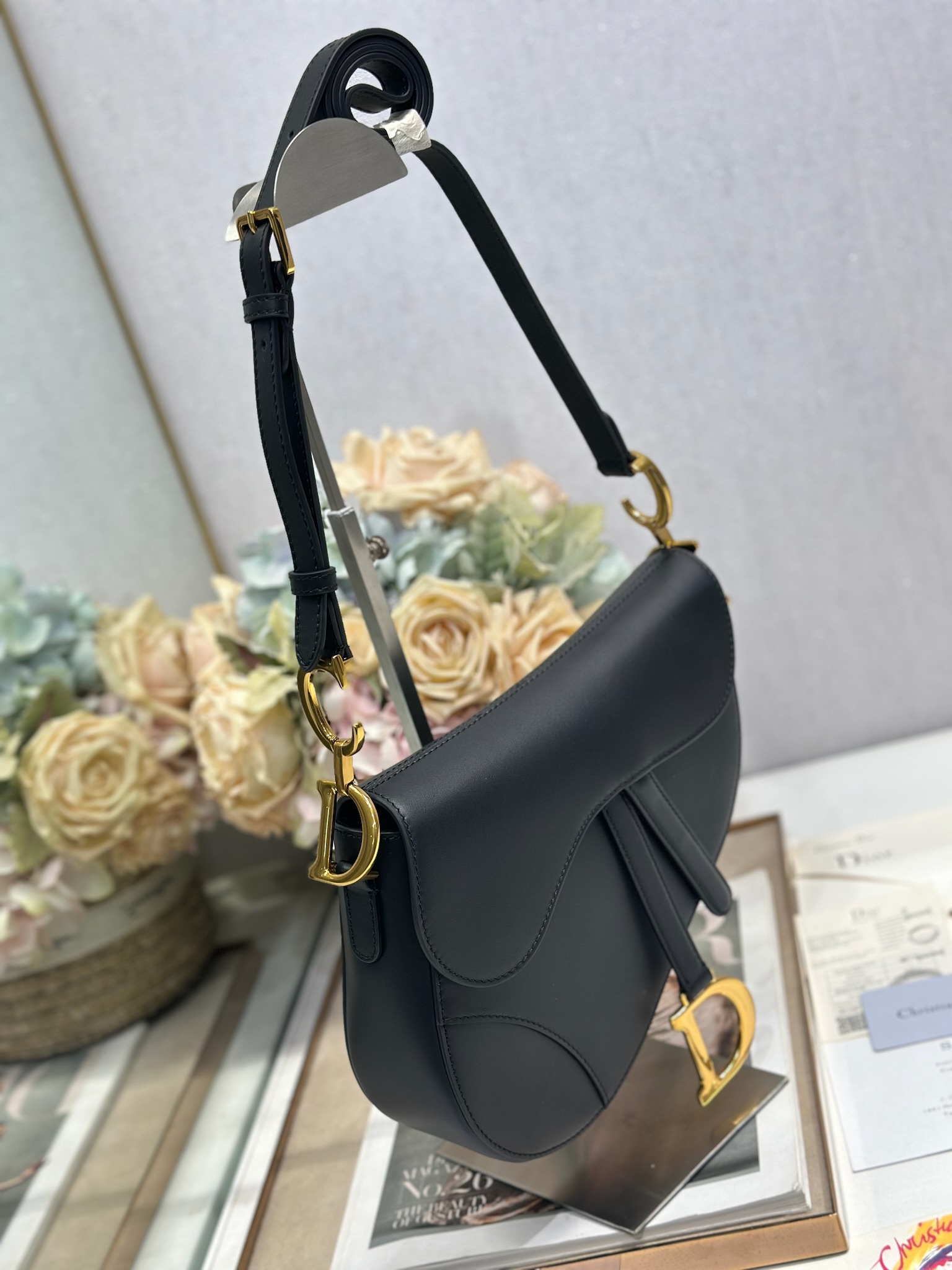 Dior Medium Soft Saddle Shoulder Bag in Black smooth leather