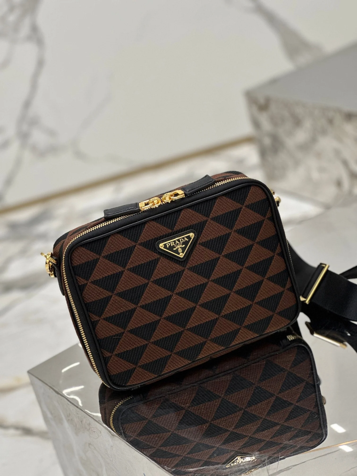 Prada MESSENGER BAG 22 IN BLACK AND BROWN EMBROIDERED FABRIC GOLD HARDWARE