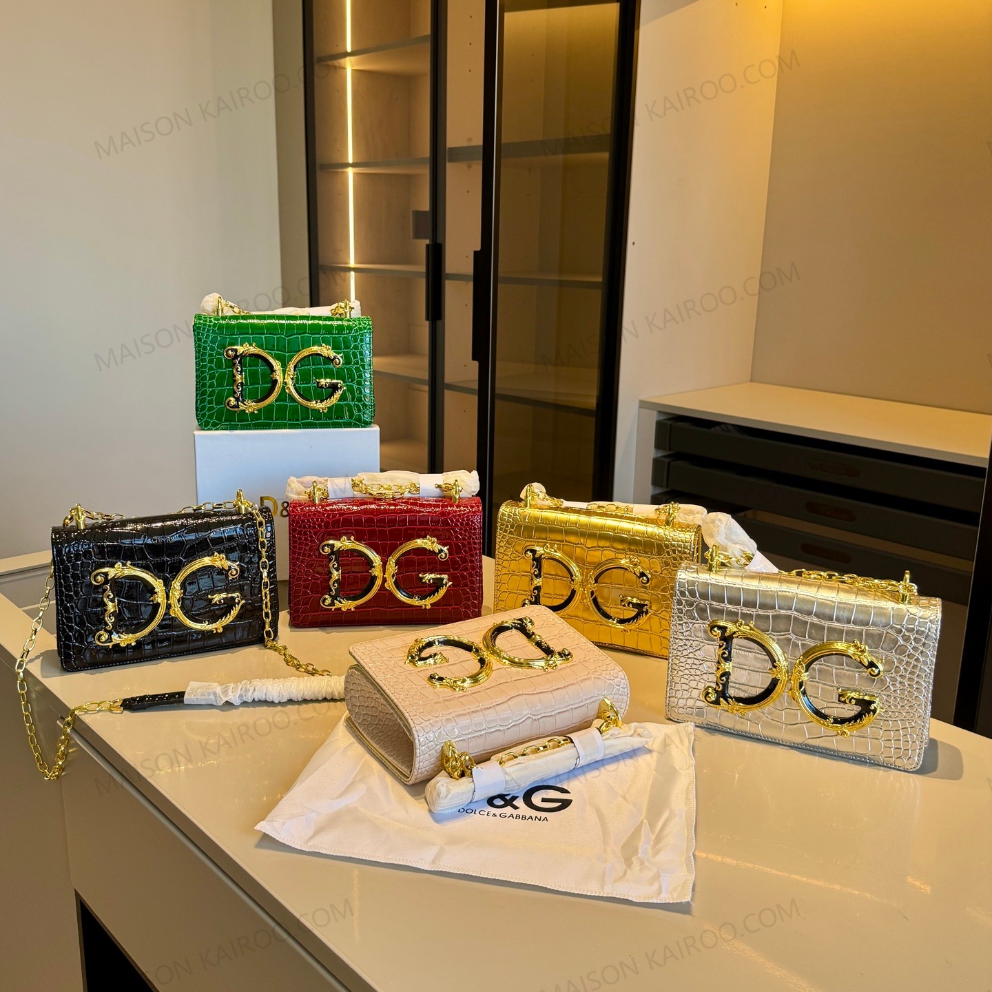Dolce & Gabbana DG Baroque Logo Shiny Croc Embossed Leather Chain Flap Shoulder Bag - KAIROO