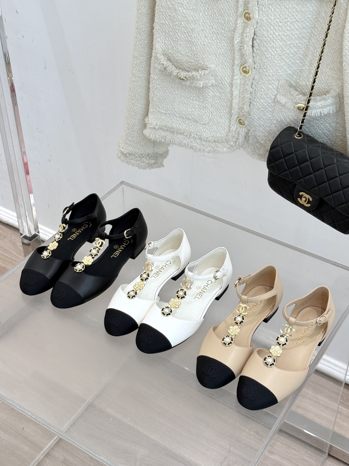 Chanel CC Camellia Pearls Logo Smooth Leather Lambskin Lining Two Tone T Strap Buckle Mary Jane Flats - KAIROO