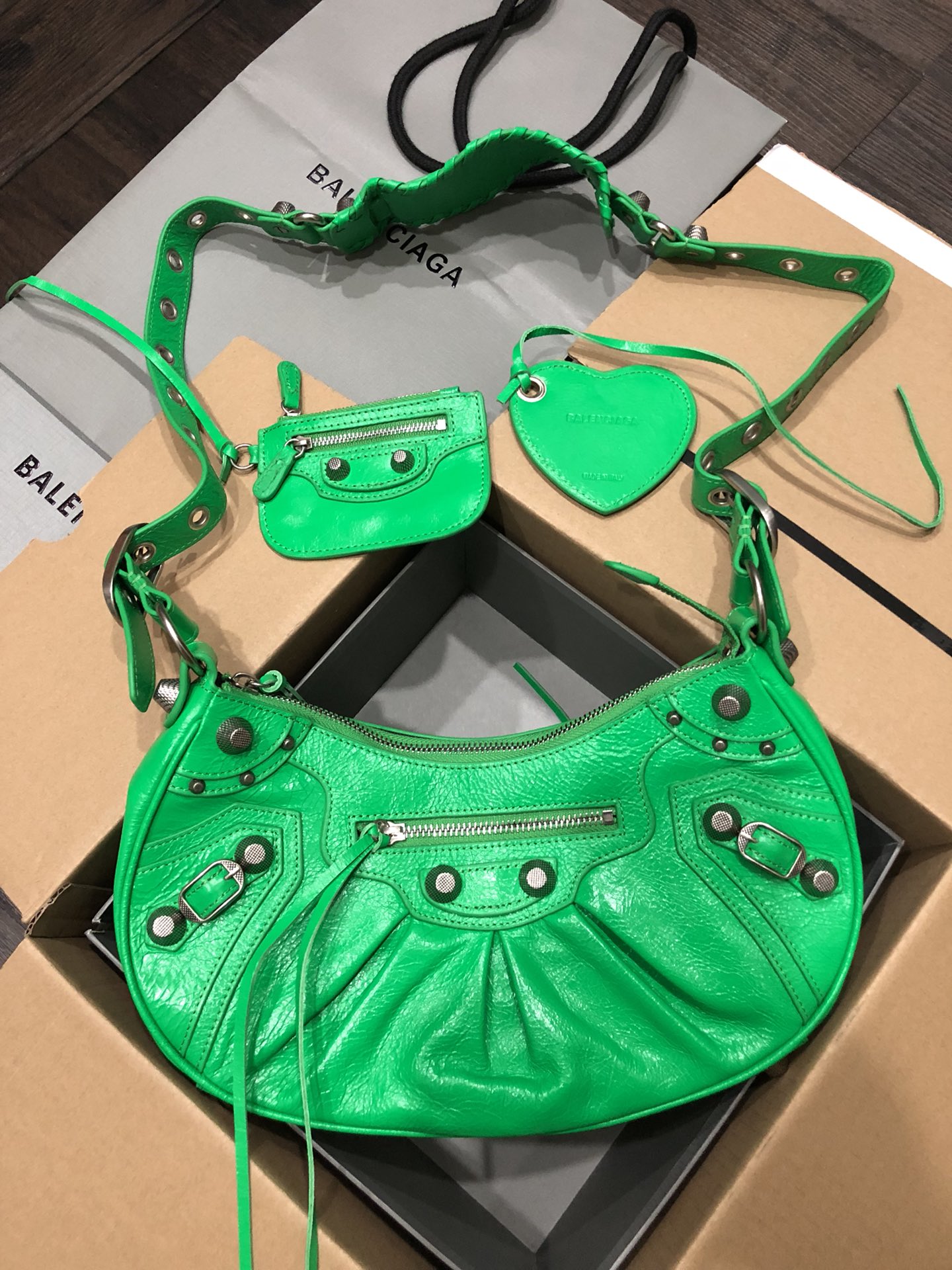 Balenciaga Le Cagole Green Limited Crinkled Leather Studded Purse& Heart Mirror Charm Hobo Shoulder Bag - KAIROO