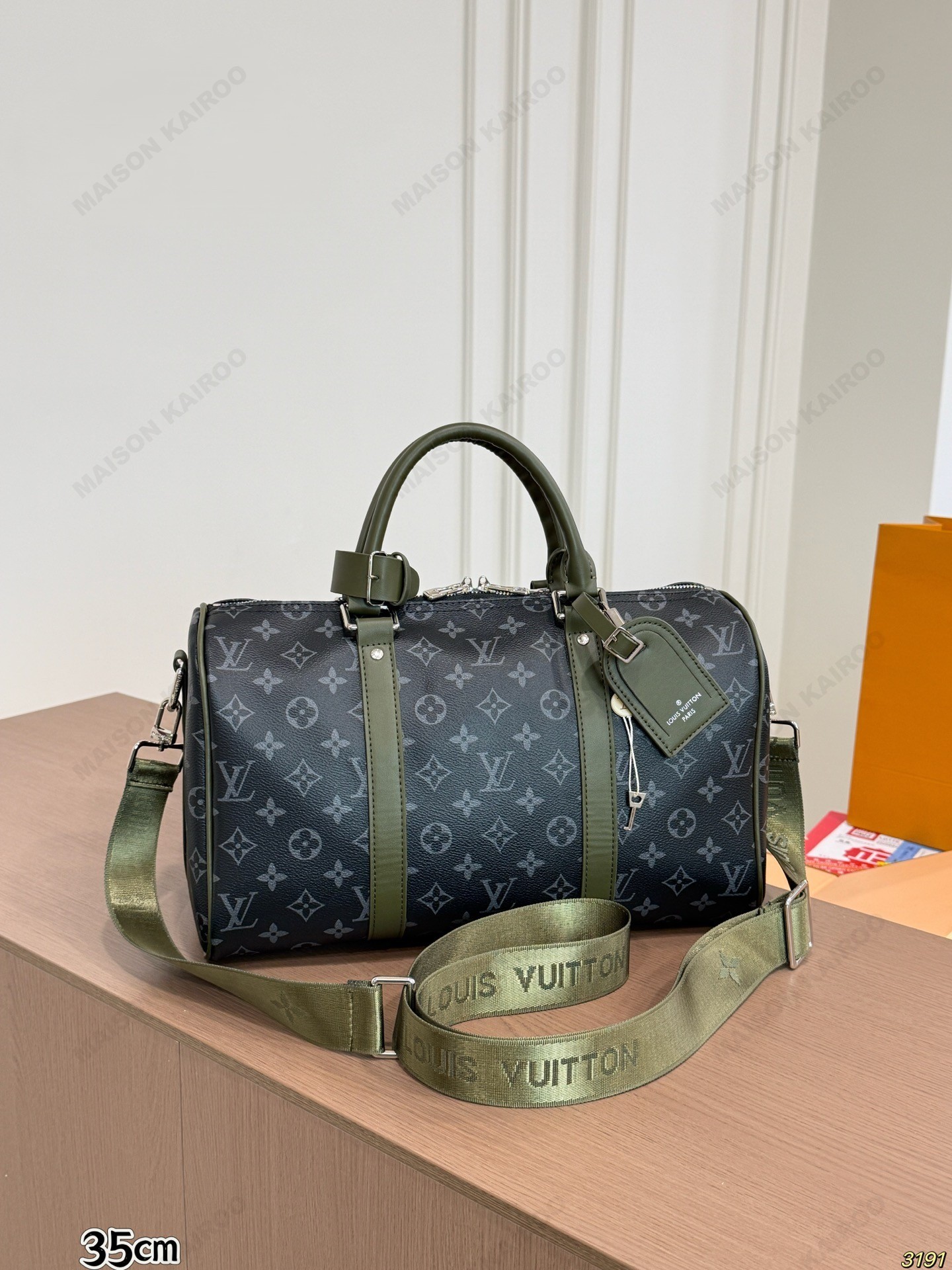 Louis Vuitton Keepall Bandoulière 35/50 Monogram Eclipse Canvas Green Strap Duffle Travel Bag - KAIROO