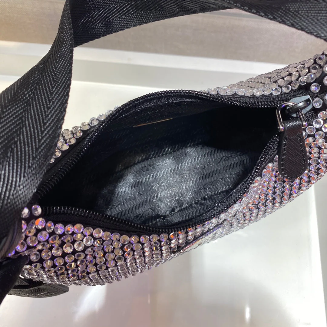 Prada SPARKLING HOBO BAG 23 IN BLACK NYLON ATTACHED FULLY CRYSTALS