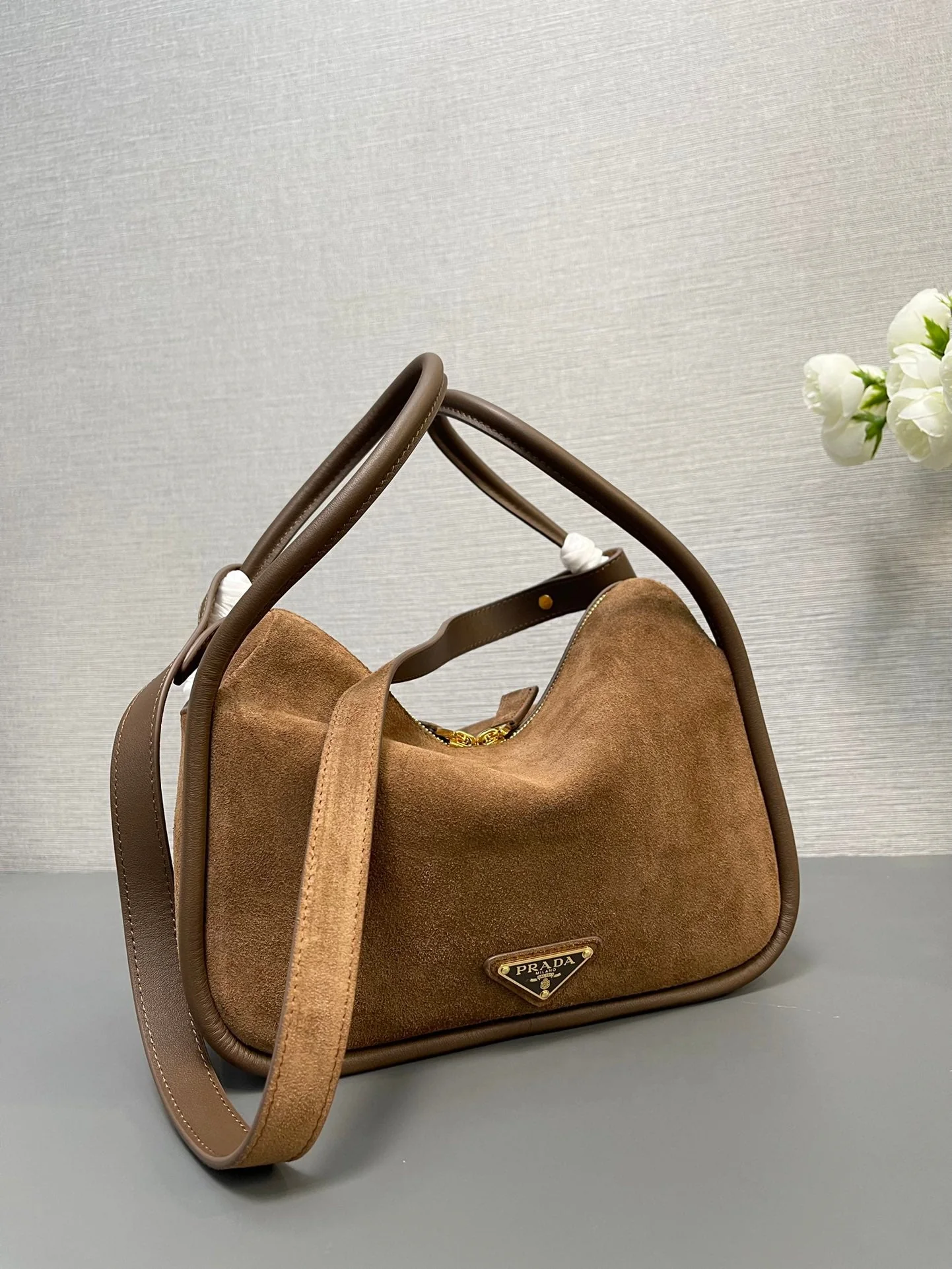 Prada BOWLING BAG 25 IN ASH BROWN SUEDE AND CALFSKIN TRIM GOLD LOGO