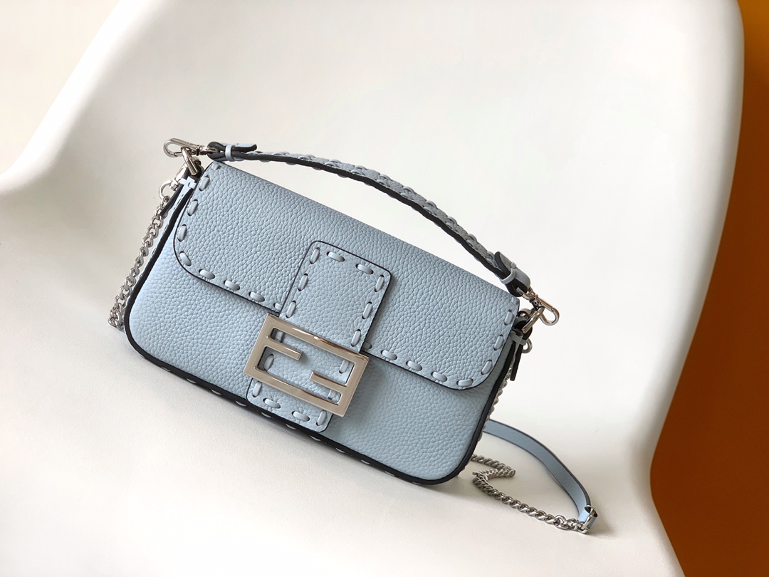 Fendi Mini Selleria Baguette Leather Bag-Blue