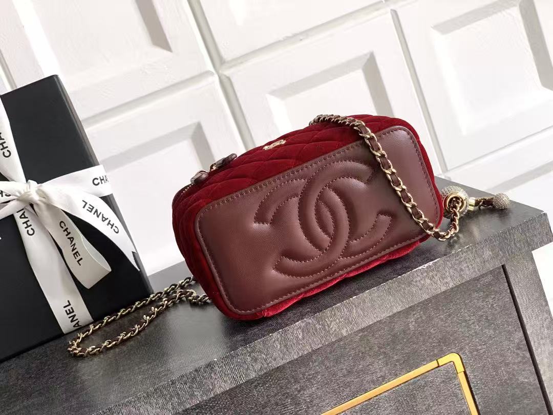 Chanel Metal CF Velvet Diamond Small Gold Ball Cosmetic Case Crossbody Bag