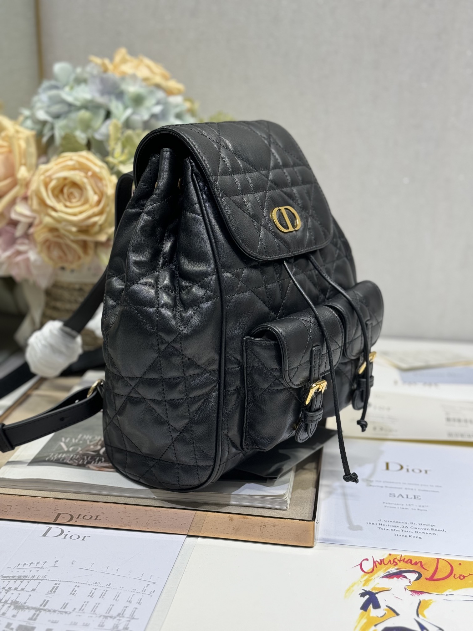 Dior Caro Medium Backpack in Black Cannage Calfskin