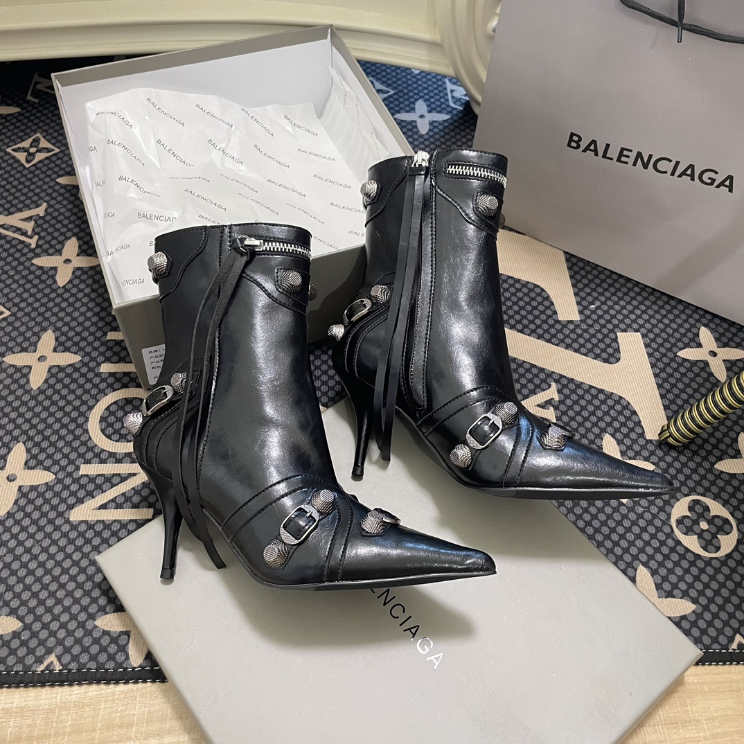 Balenciaga Cagole Black Arena Leather Studded Pointed Toe Sleek High Heel Ankle Short Boots - KAIROO