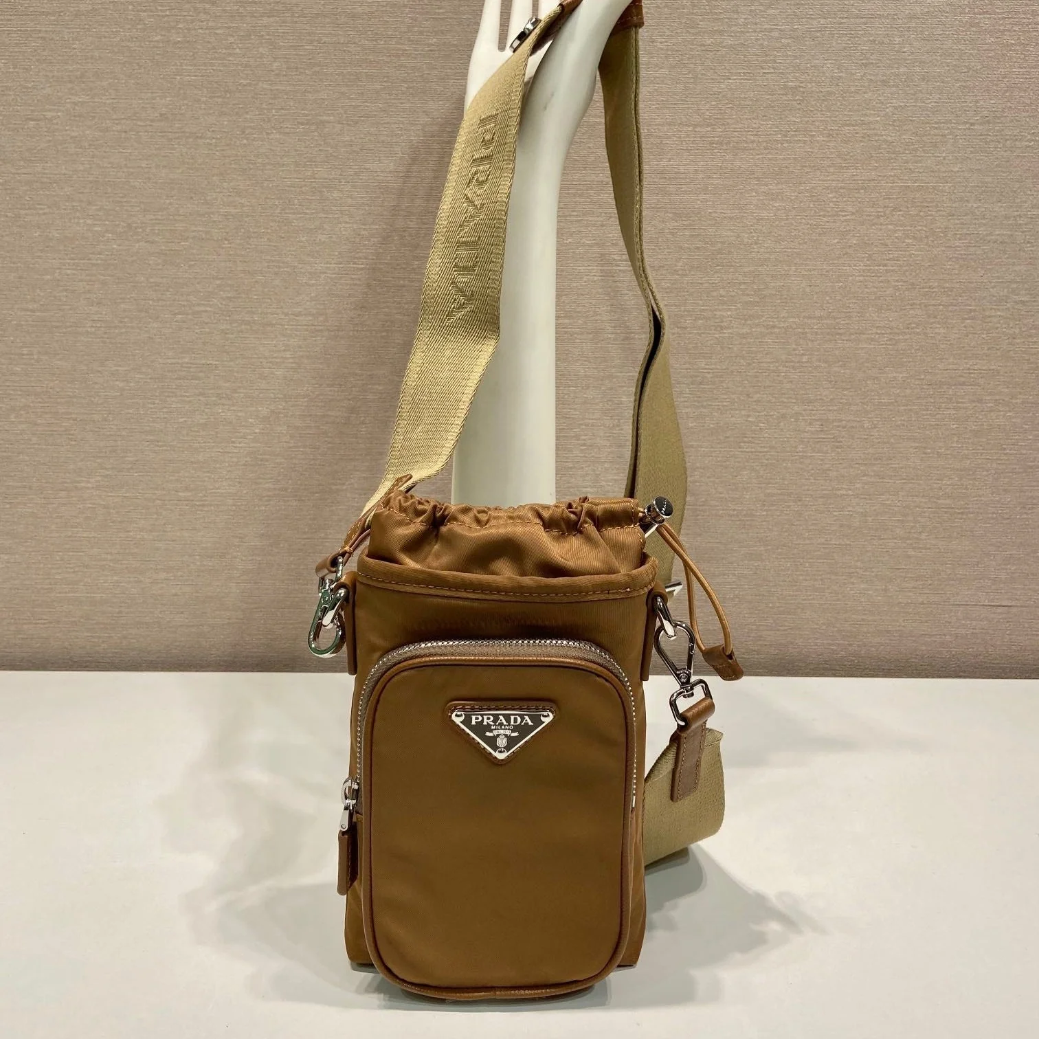 Prada PHONE BAG 18 IN SEPIA BROWN RE-NYLON