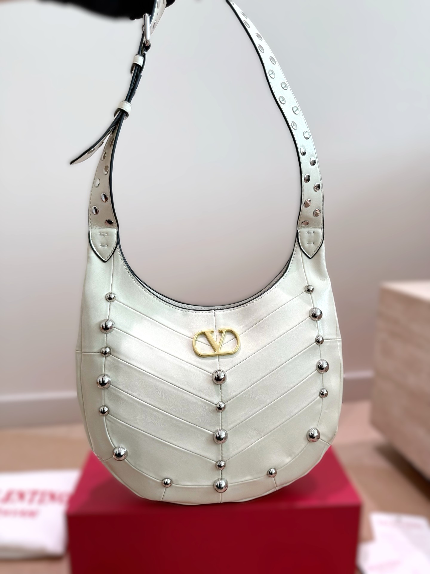 Valentino Garavani VLogo Moon Chevron Quilted Silver Studded Leather Shoulder Hobo Bag - KAIROO