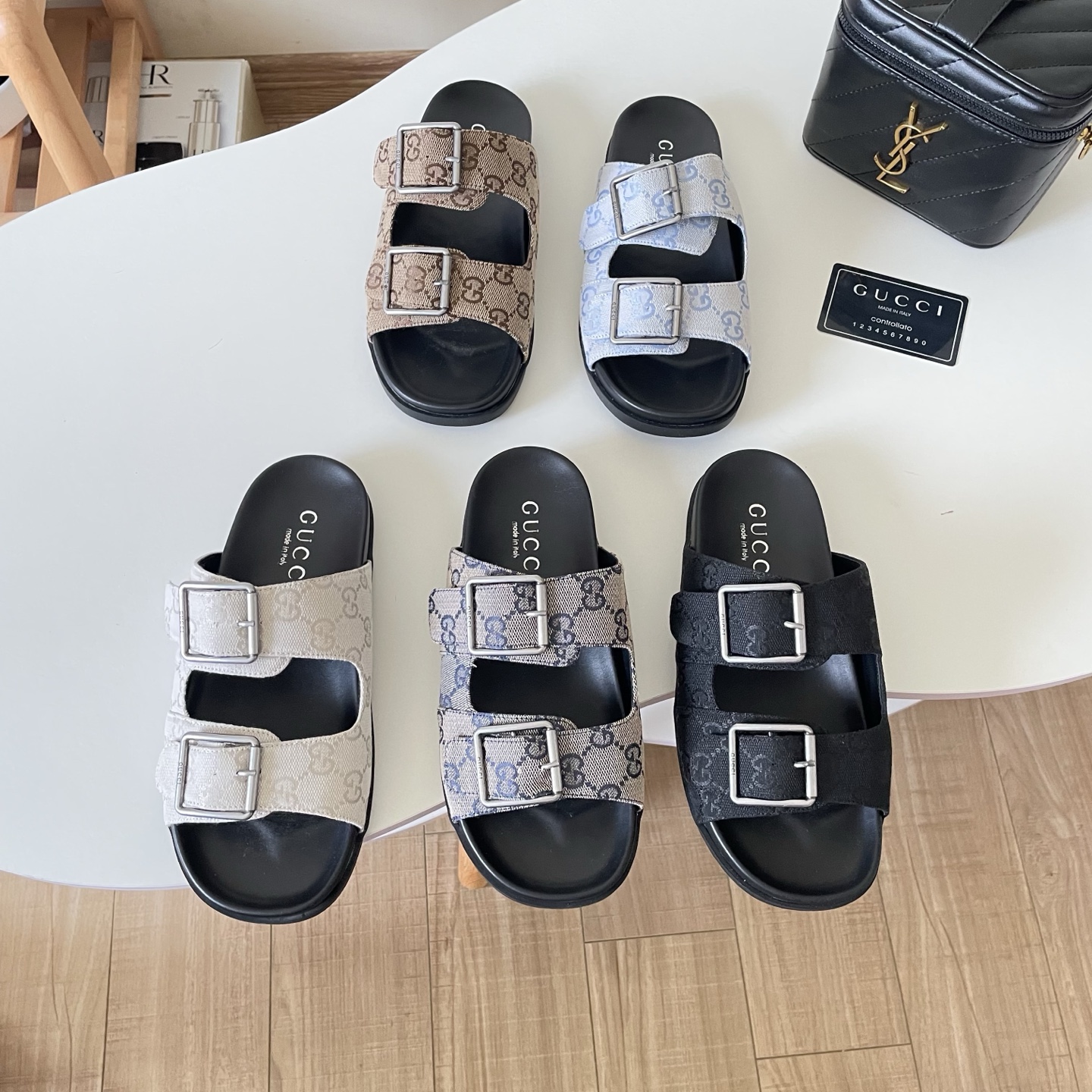 Gucci GG Supreme Monogram Canvas Double Straps Buckle Footbed Slides Sandals - KAIROO