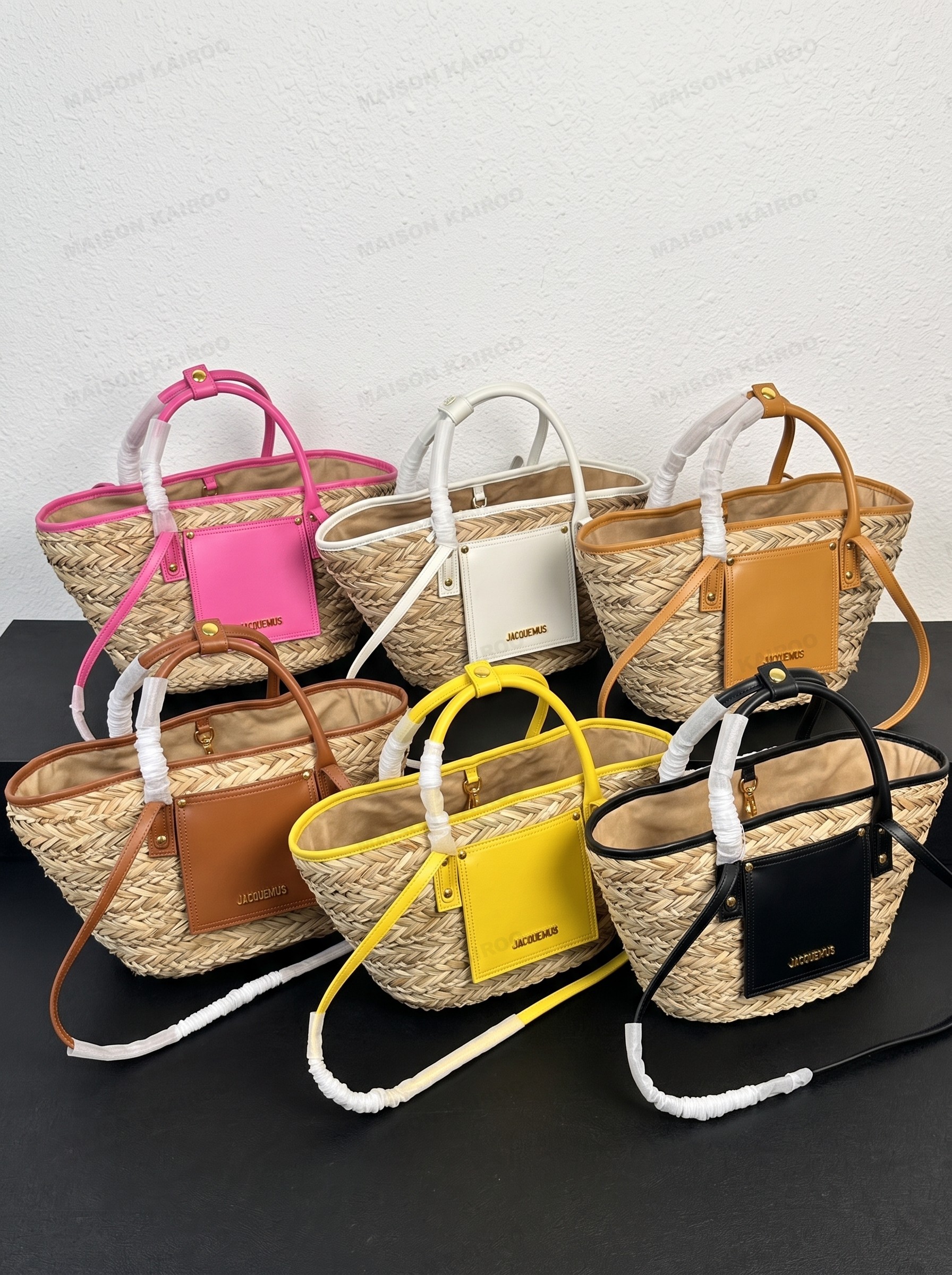 Jacquemus Le Panier Soleil Woven Straw Smooth Leather Basket Tote Crossbody Bag - KAIROO