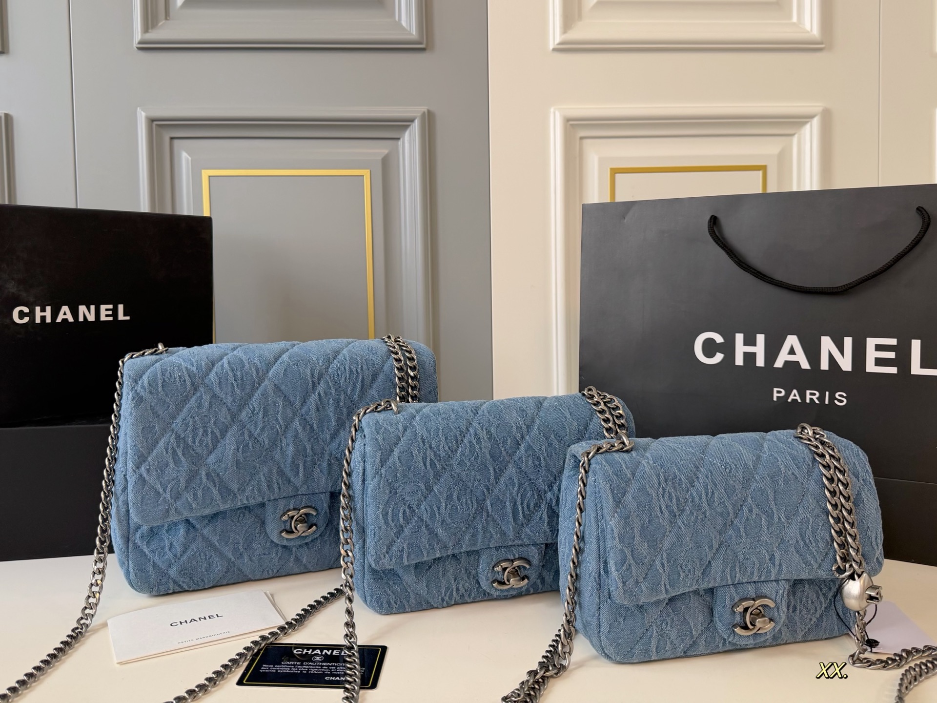 Chanel 23P Camellia CF Square Denim Embossed Quilted Heart Crush Flap Chain Shoulder Bag - KAIROO